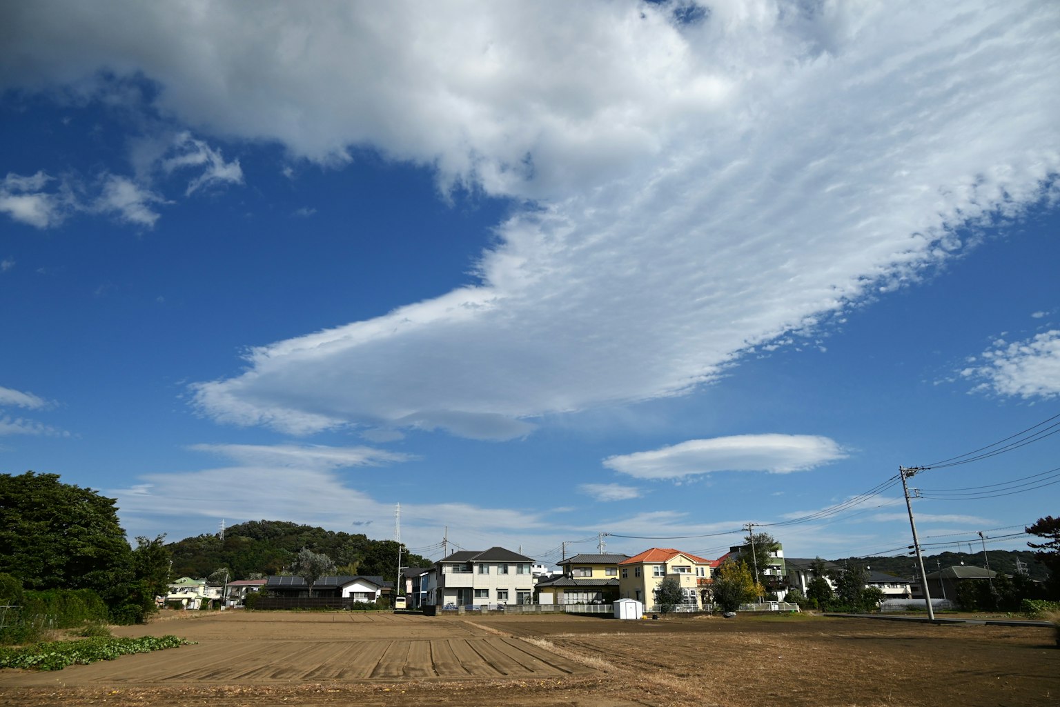 ทิวทัศน์ที่สวยงามของท้องฟ้าสีฟ้าพร้อมเมฆและภูมิทัศน์ชนบท