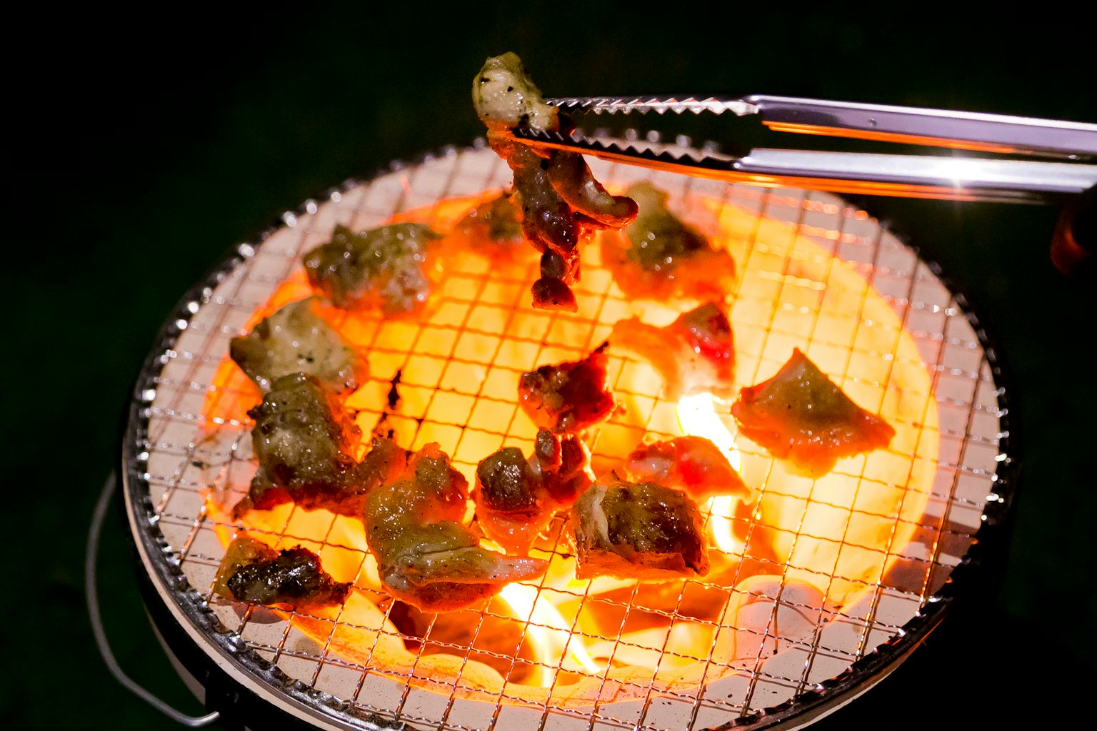夾子從炭火燒烤架上夾取烤食物