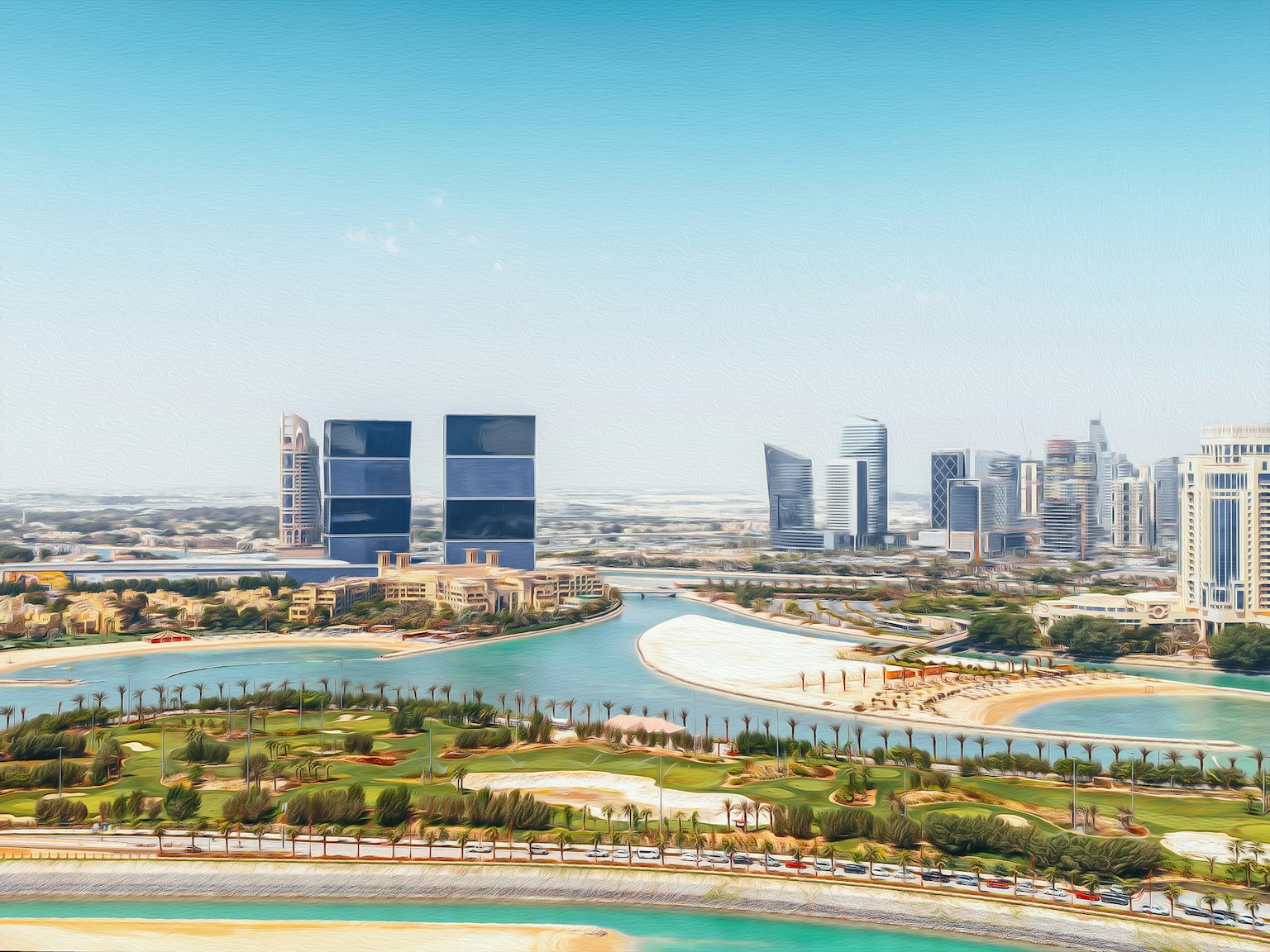 现代建筑与蓝天的城市风景 绿地和蜿蜒的河流