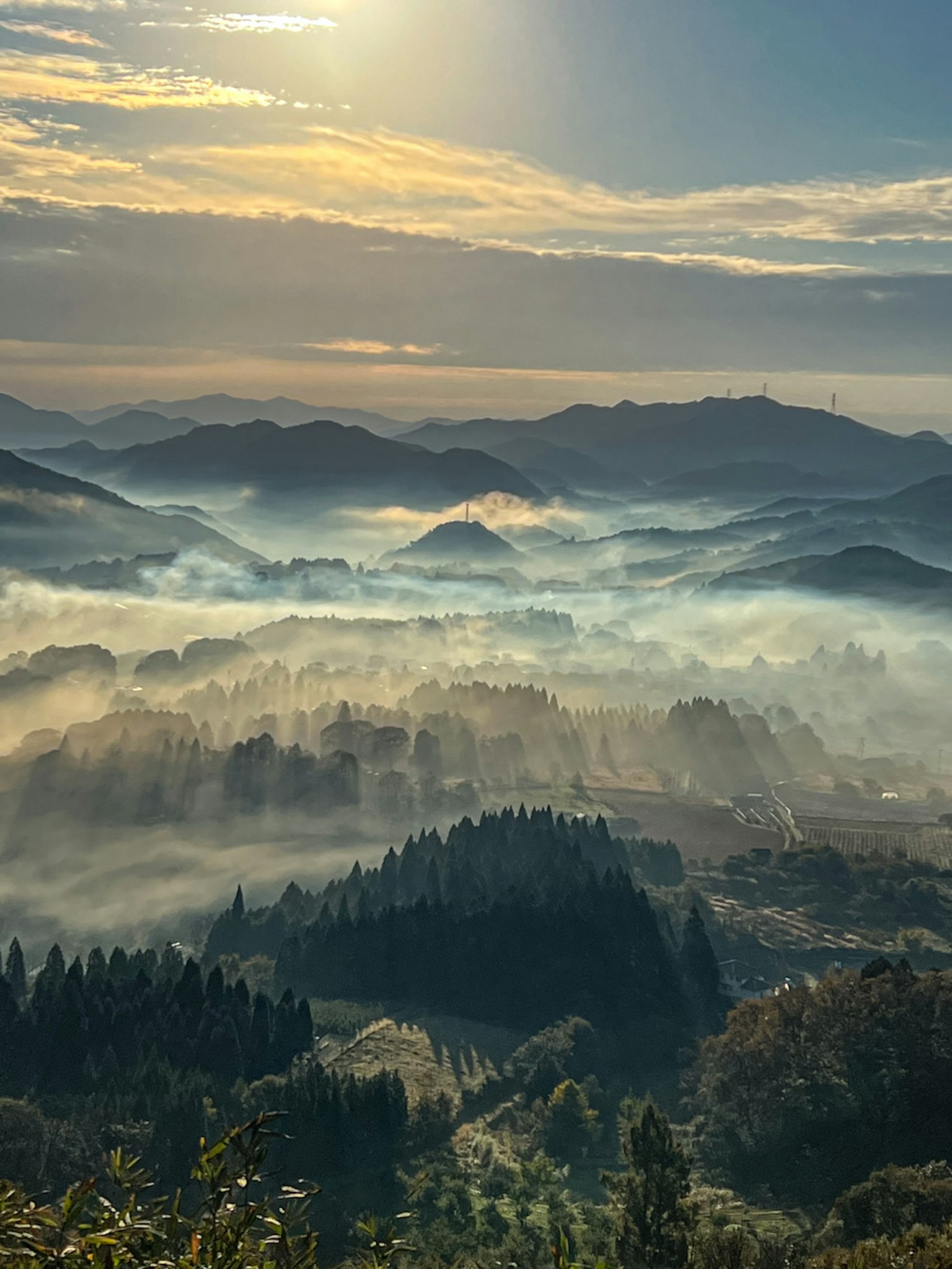 Beau paysage de montagnes et de vallées enveloppées de brume