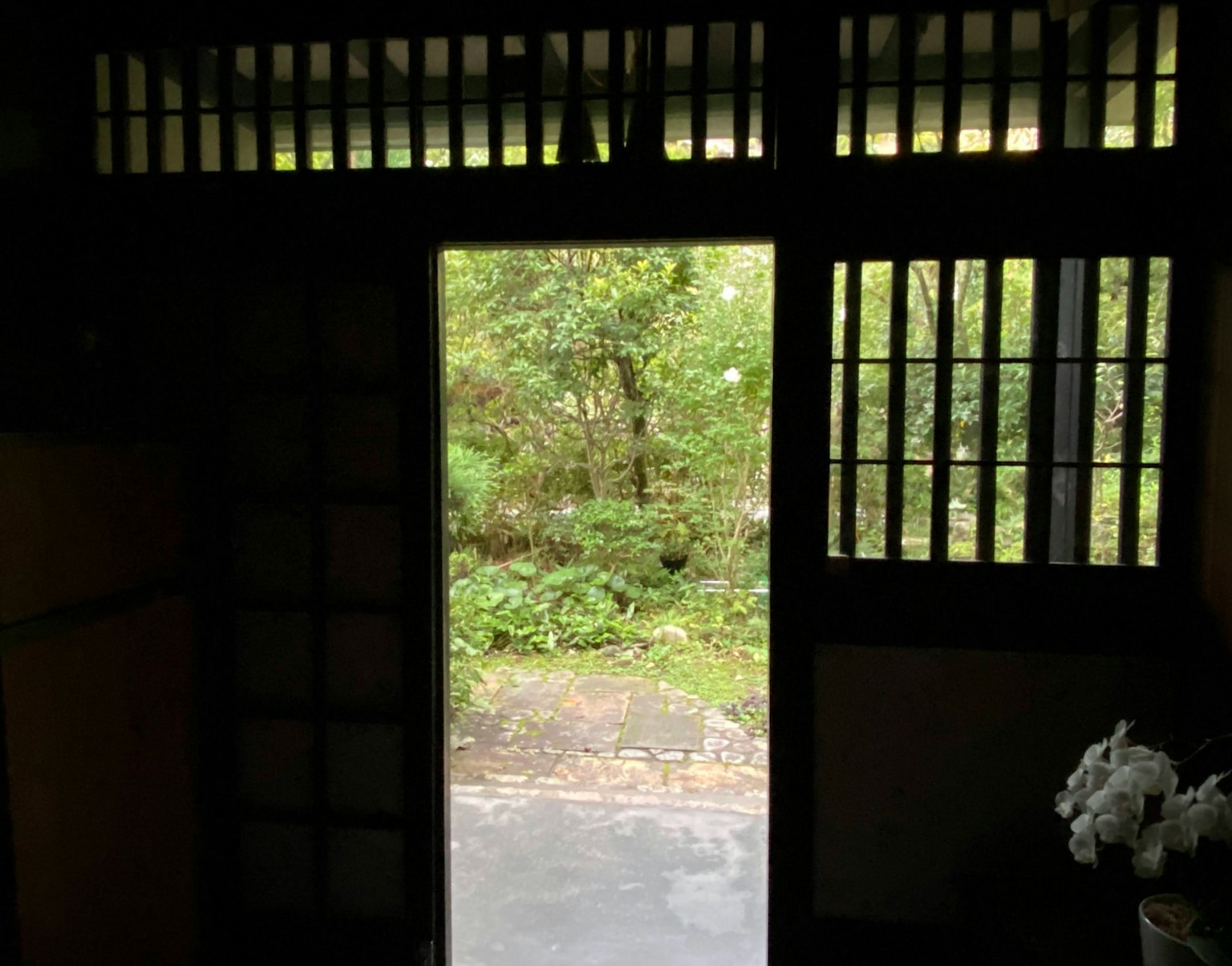 一扇木门打开，通向一片郁郁葱葱的花园，展现出宁静的景色