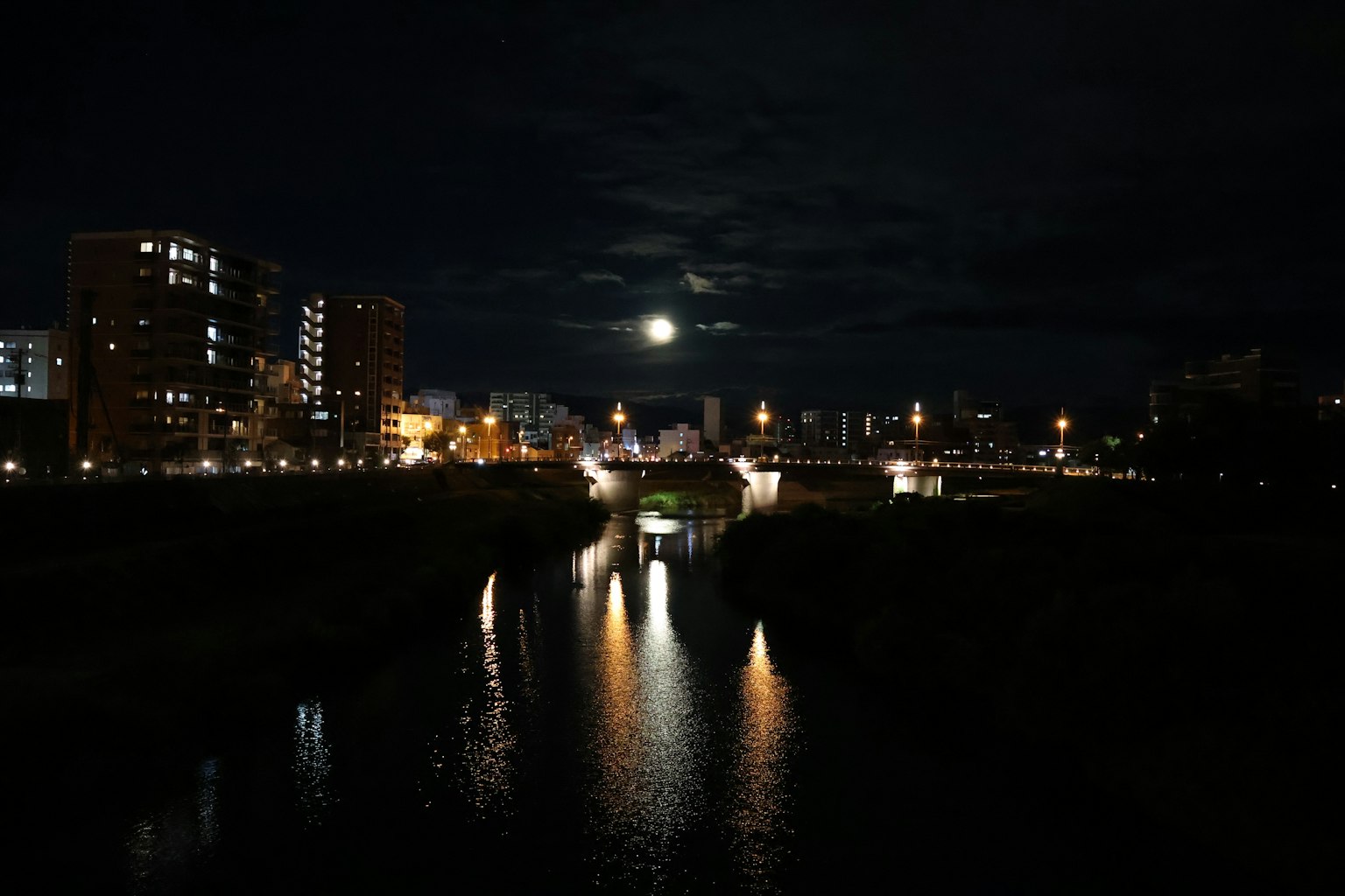 夜晚的河流反射月光与 illuminated buildings