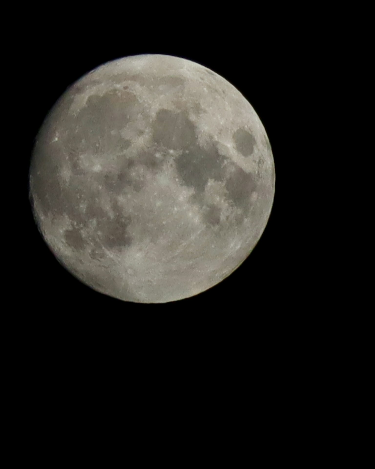 Close-up bulan purnama di langit malam menunjukkan permukaan abu-abu cerah dan kawah yang terlihat