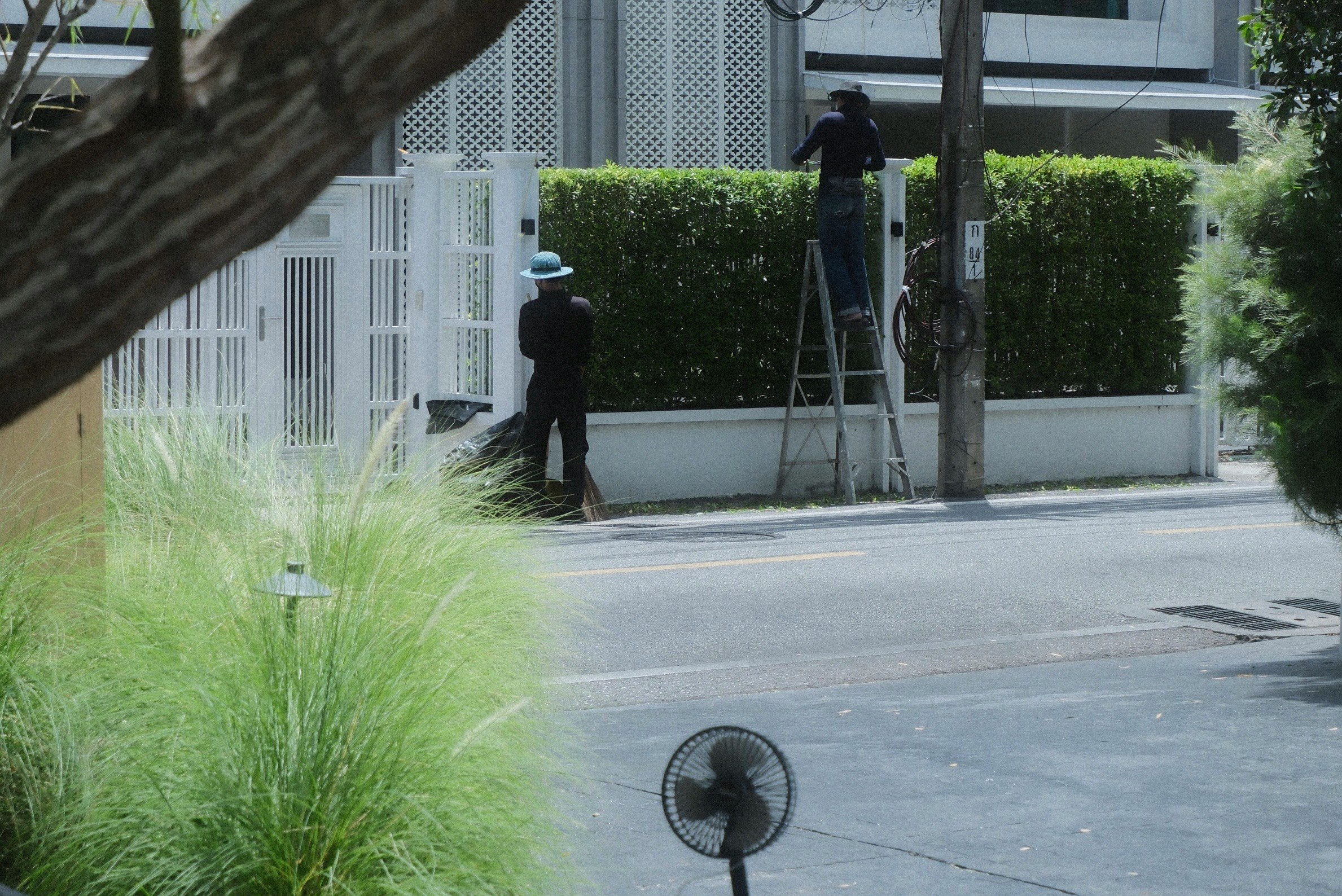 夏の街角で作業する人と植え込みのある歩道