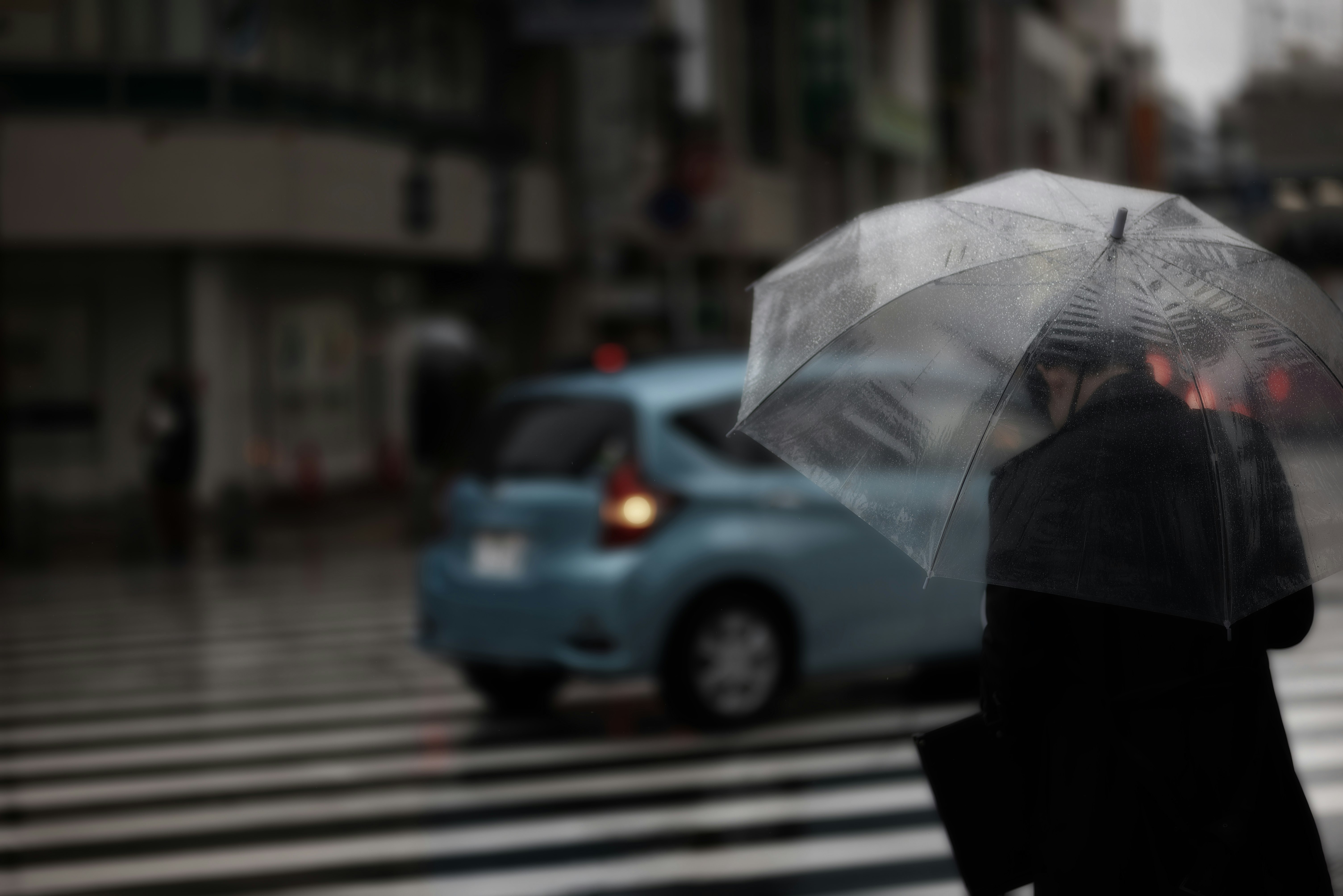 雨の横断歩道で傘をさす人とまばらな人々
