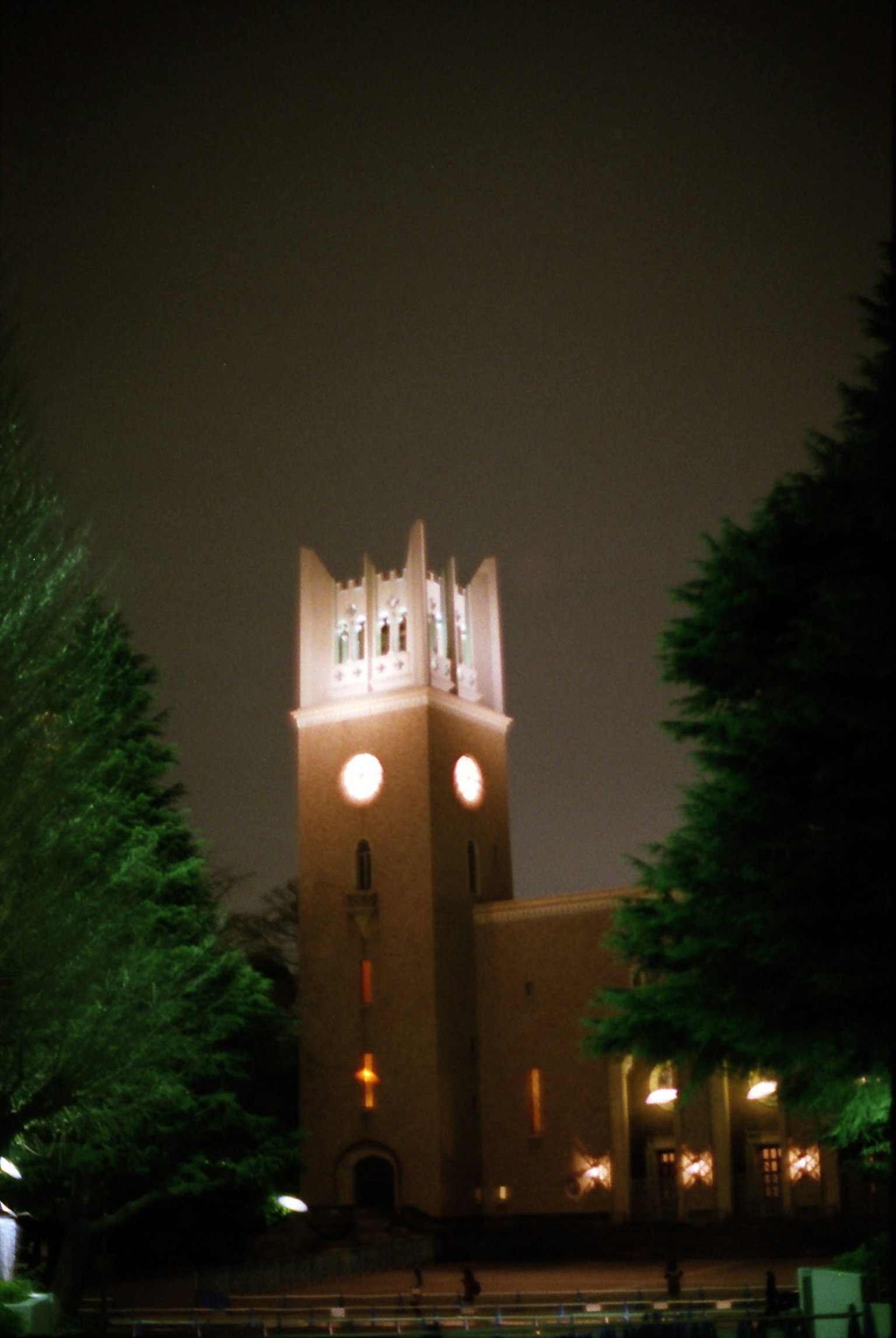 Torre dell'orologio illuminata di notte circondata da alberi verdi