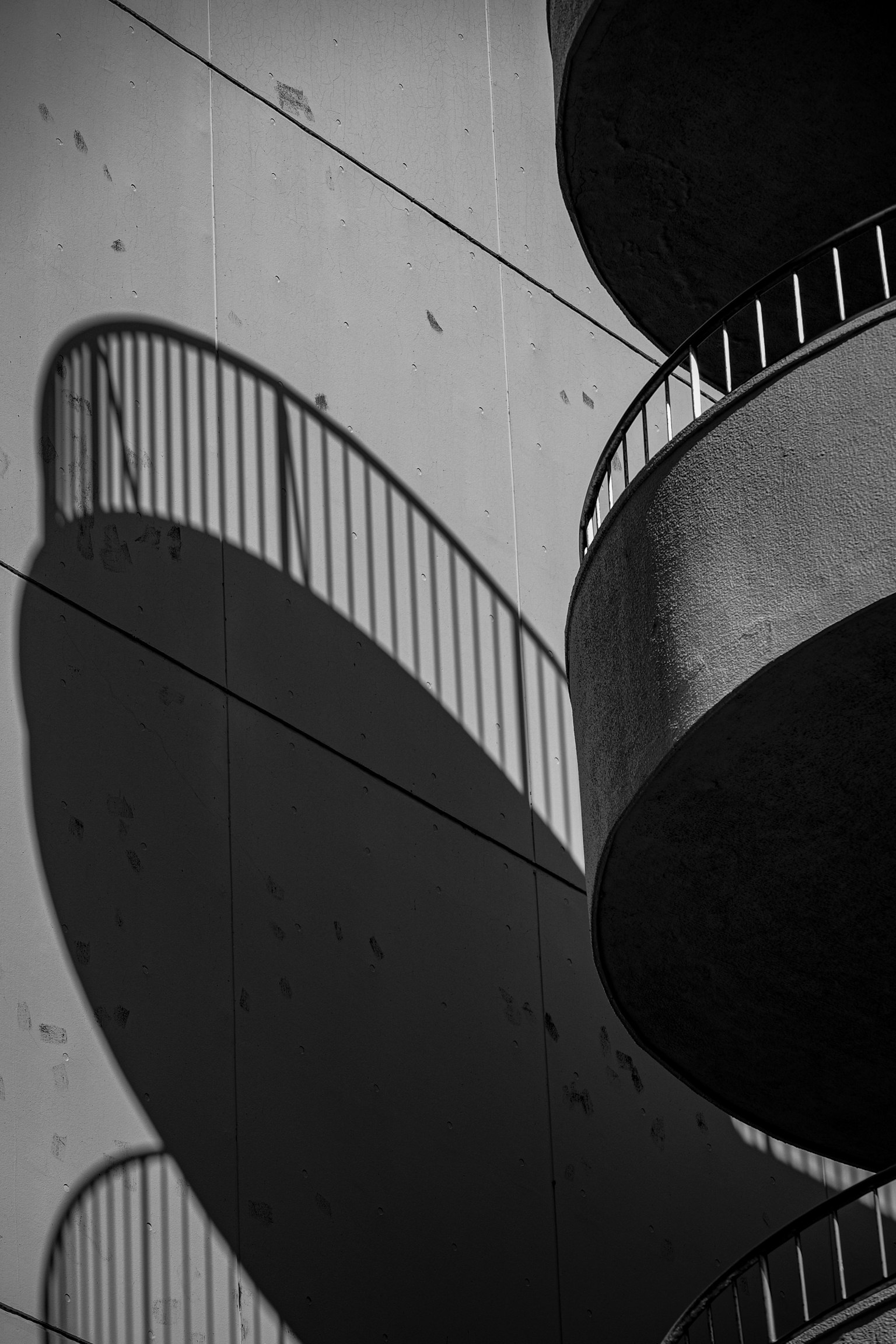 Schwarzweißbild von Treppenschatten an einer Wand Kurven und gerade Linien, die im Design kreuzen