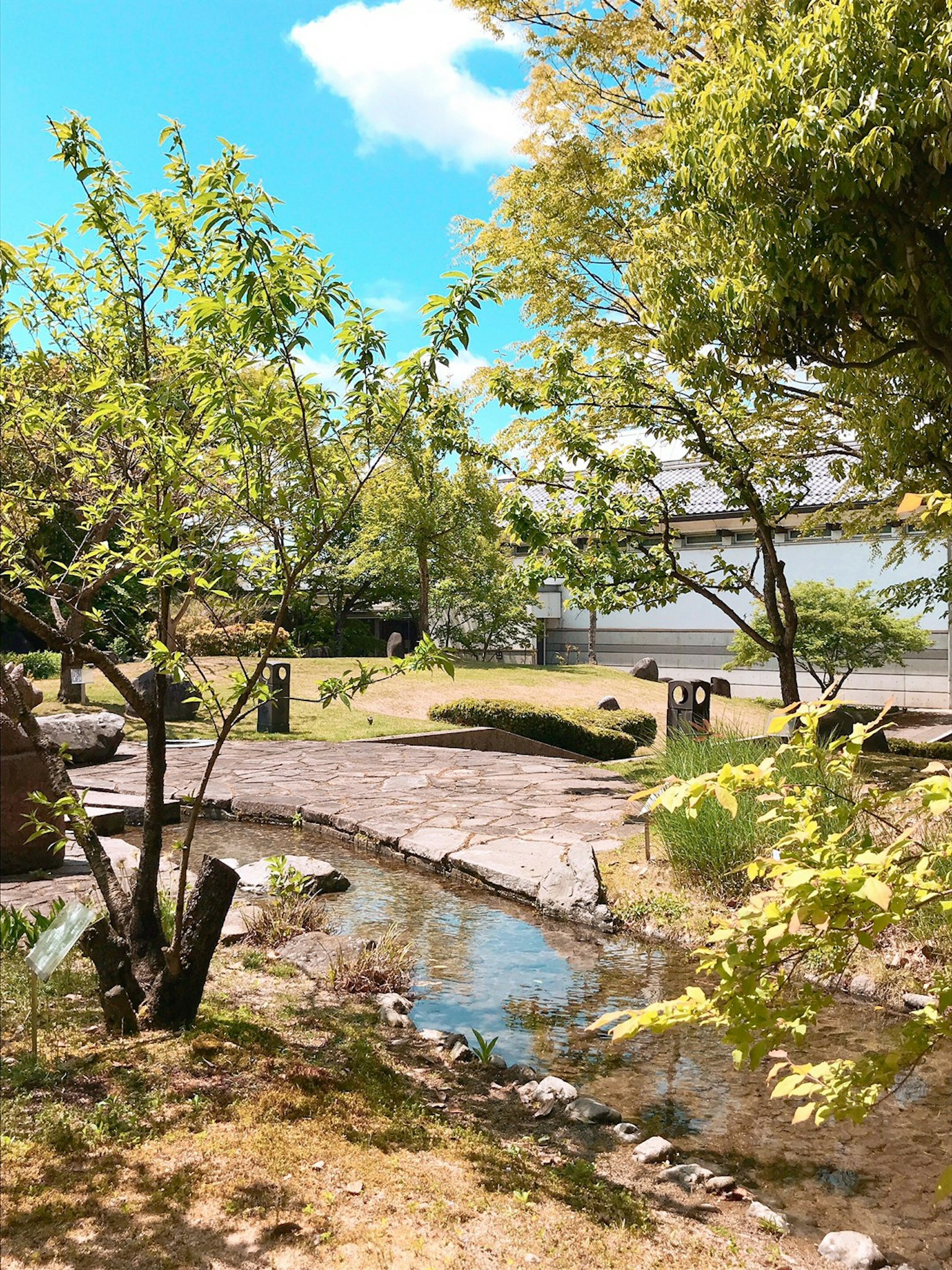 Scenic garden view featuring a stream and stone path