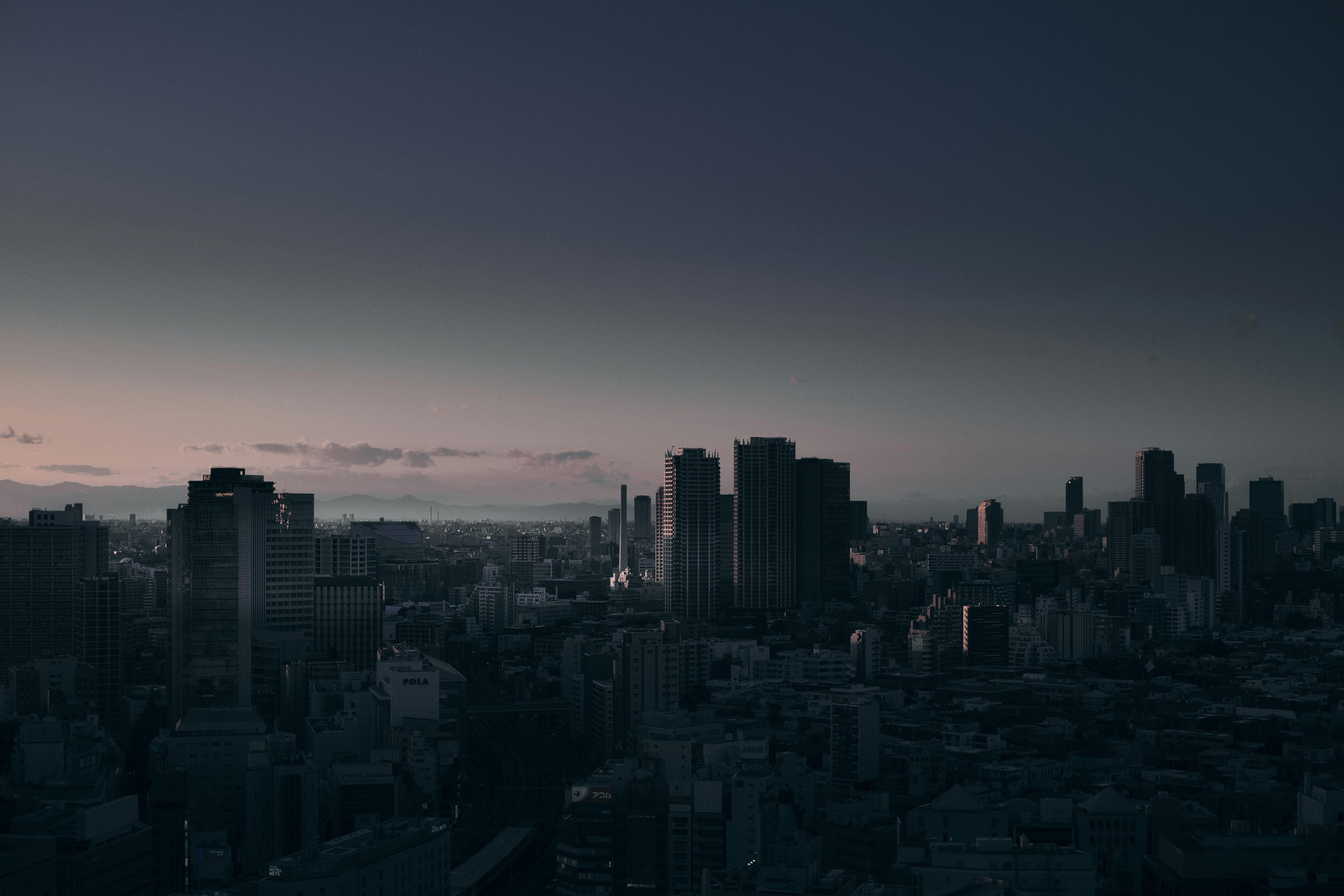 city skyline of tall buildings at dusk