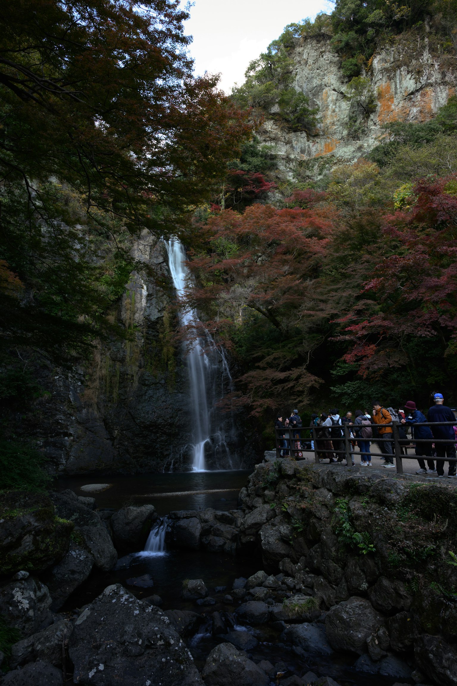 紅葉に囲まれた滝と観光客の風景