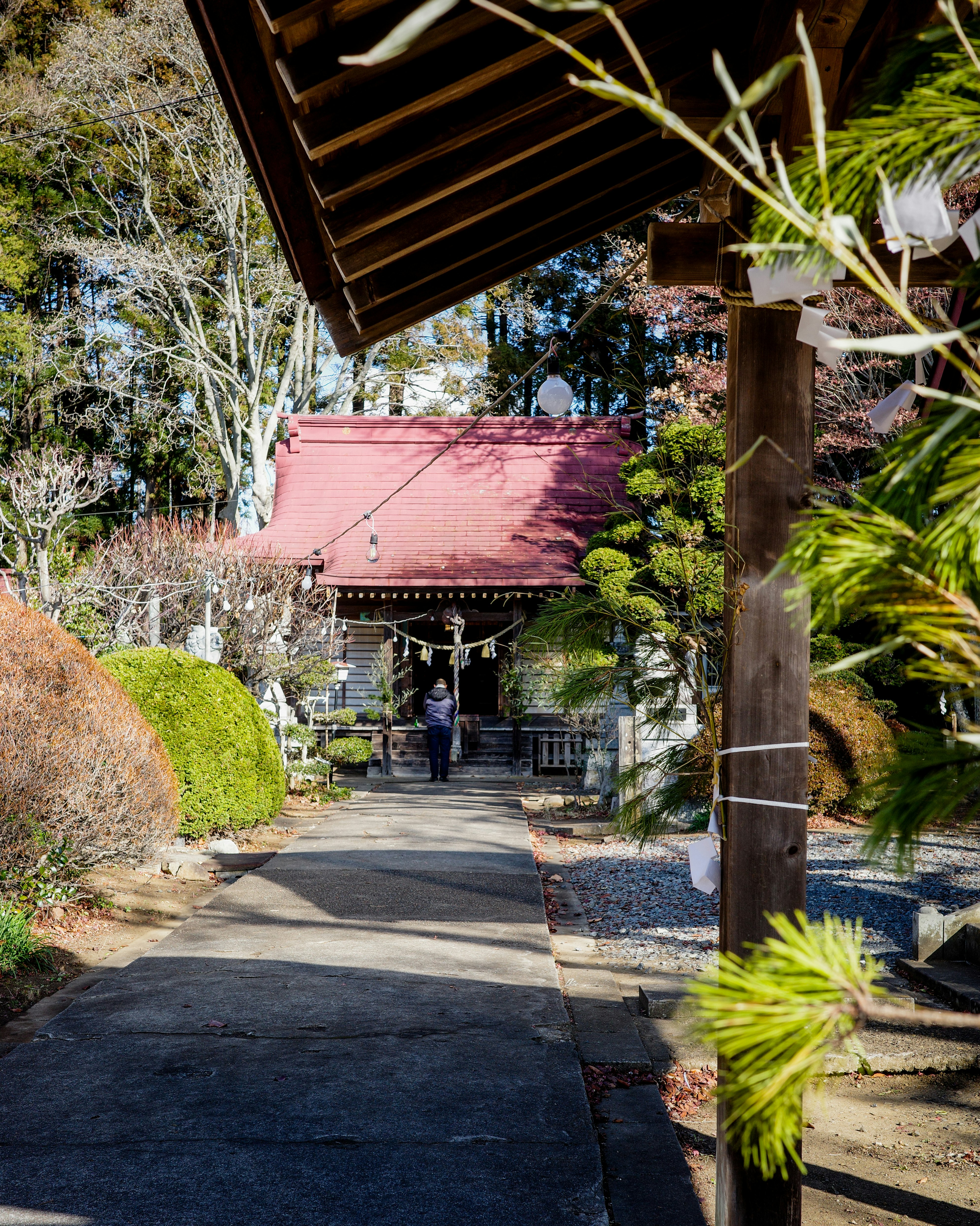 Garden entrance with a wooden gate and stone path
