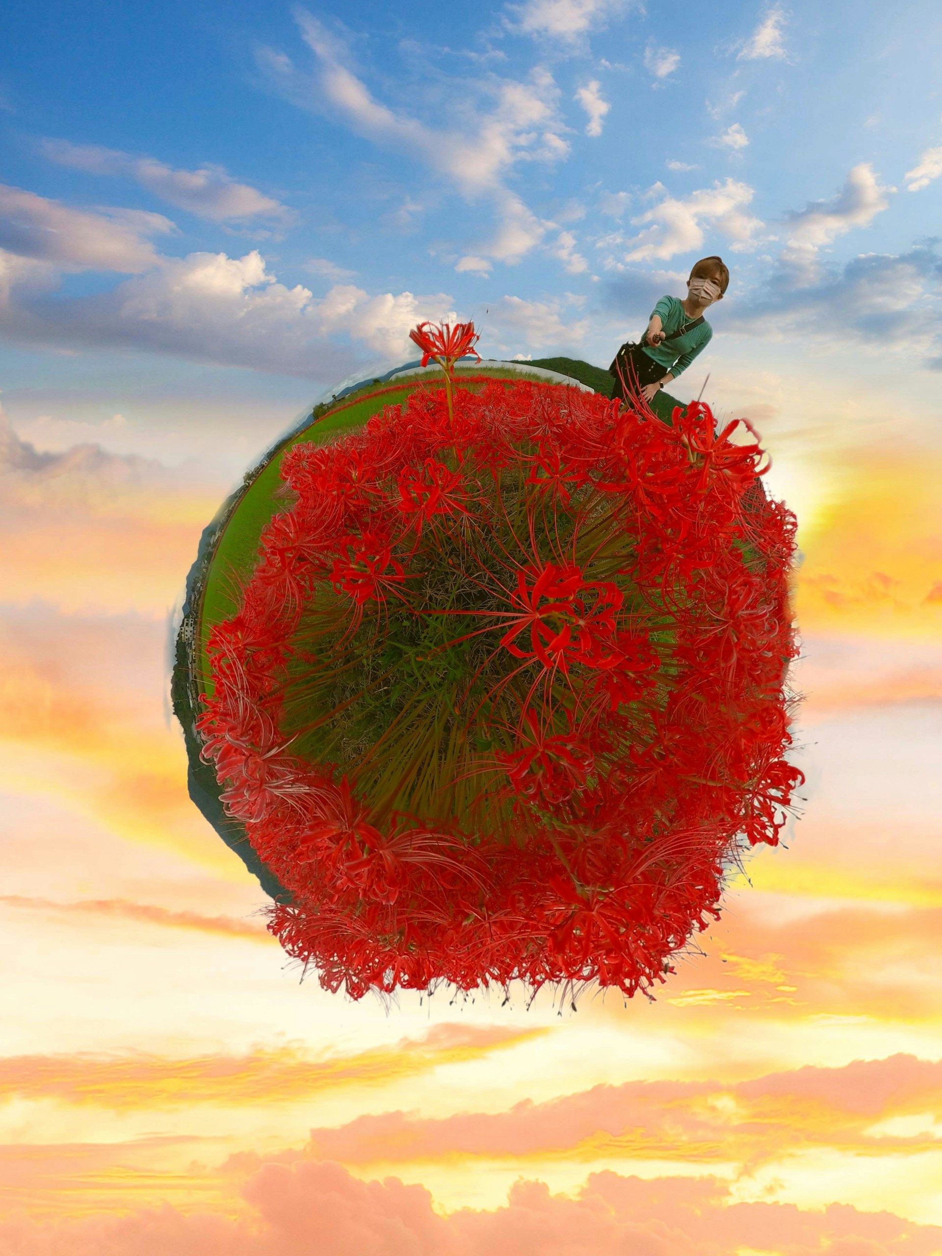 夕焼け空の下で赤い花の球体に乗る子ども