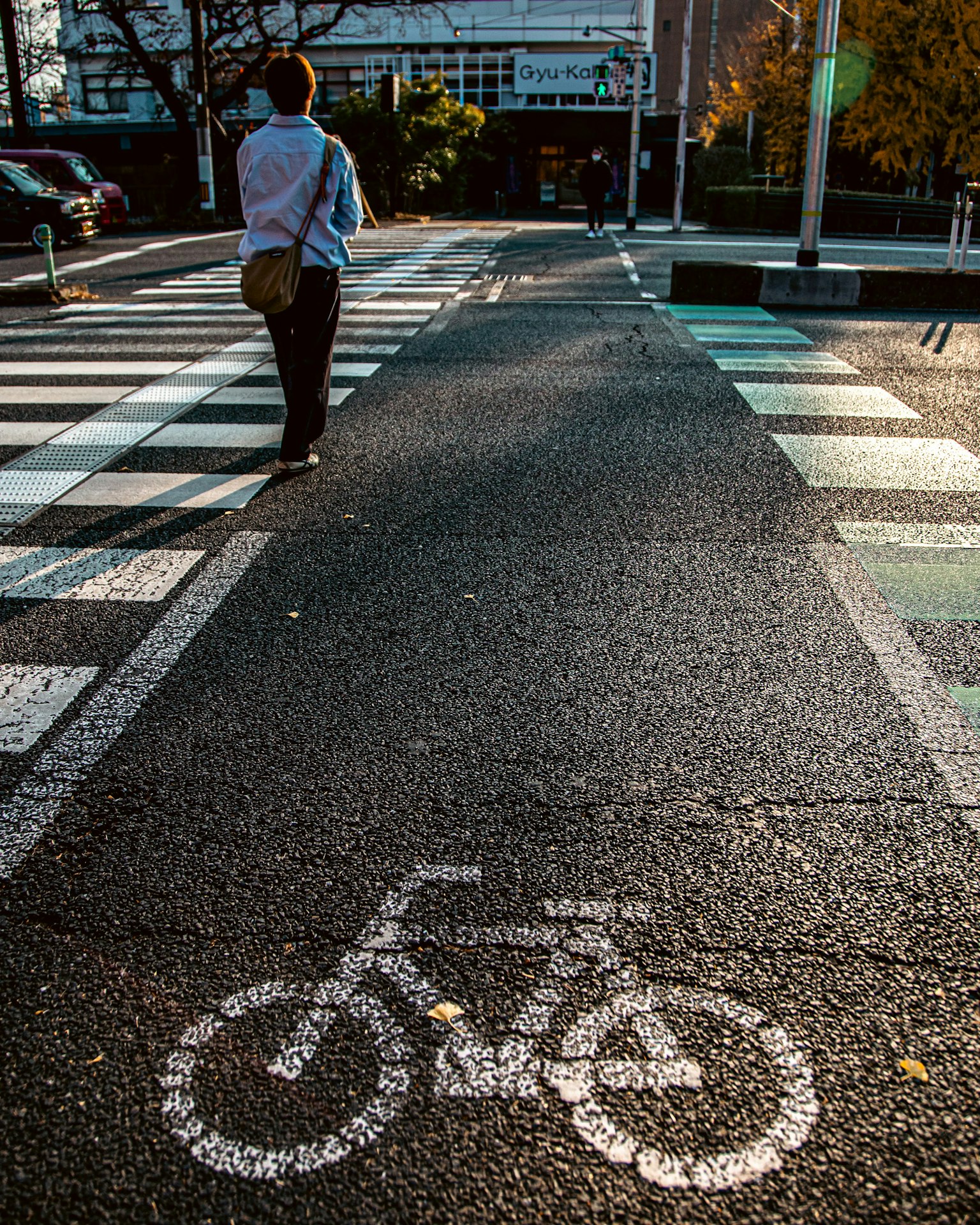 Una persona che cammina su un attraversamento pedonale con un simbolo di bicicletta sul pavimento