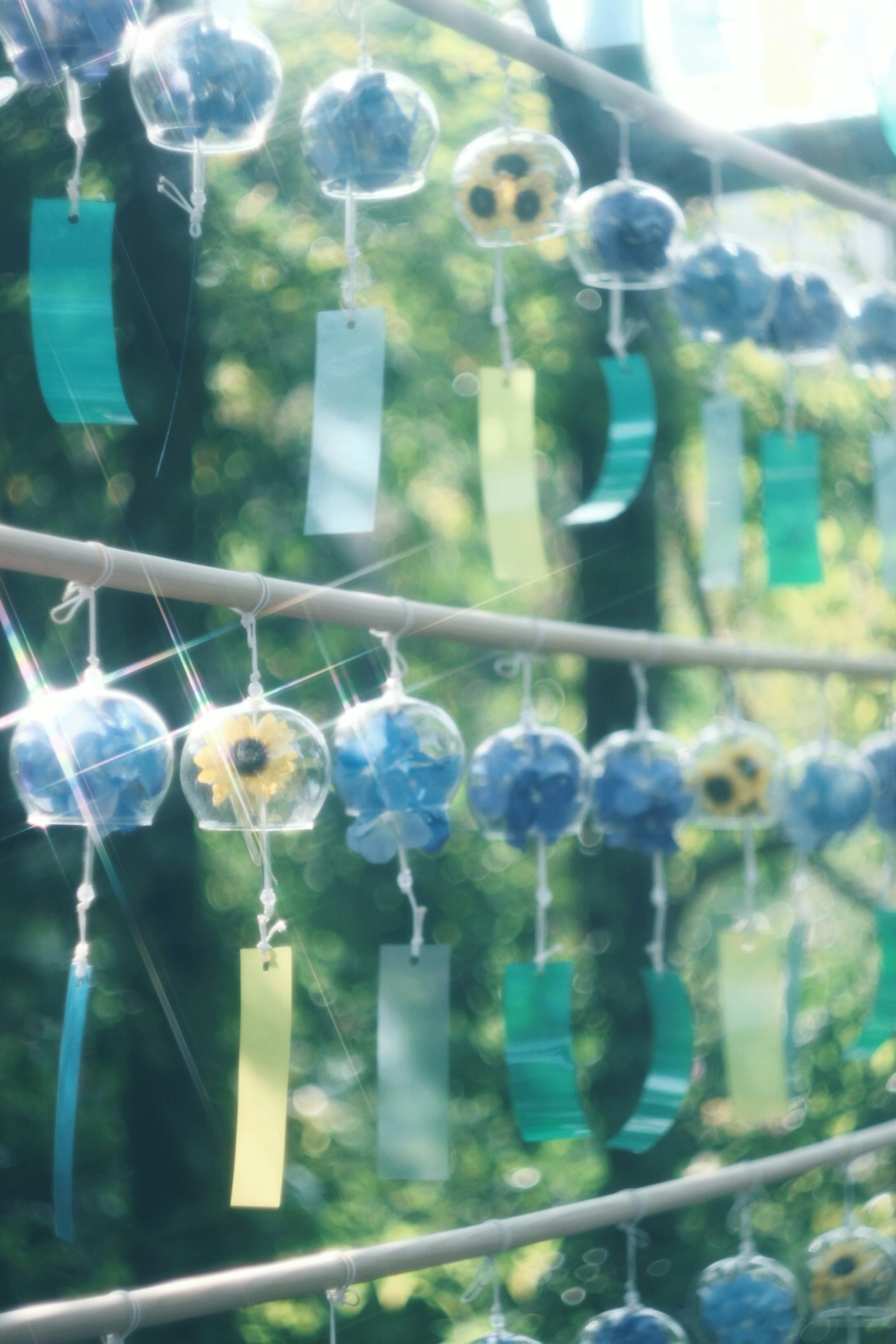 青い風鈴と色とりどりの短冊が吊るされた風景