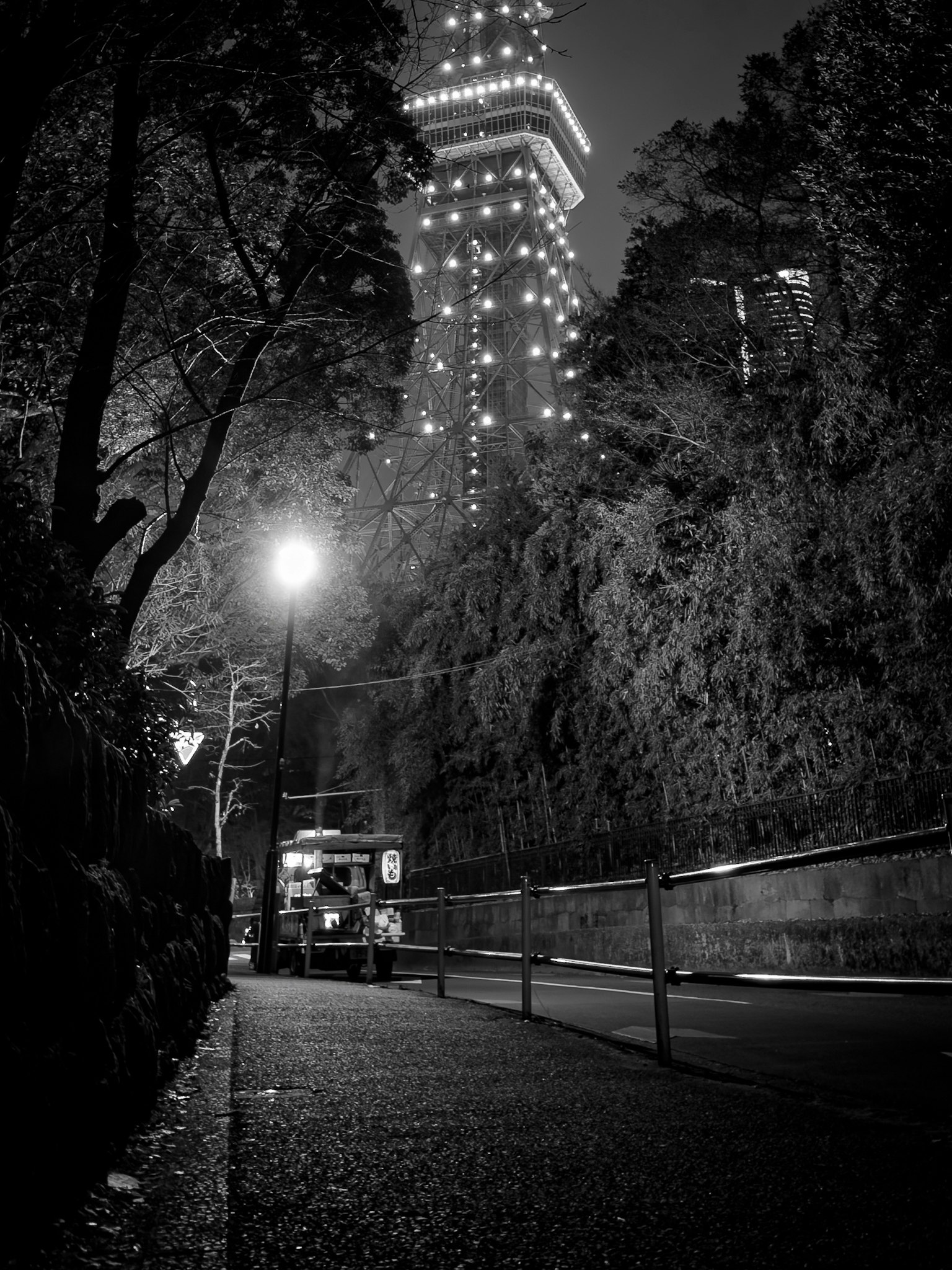 Black and white night scene featuring illuminated tower and street