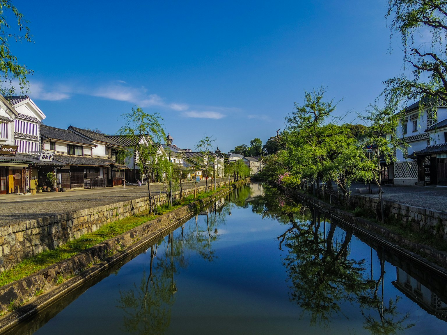 宁静的运河反射出日本风景中的绿色树木