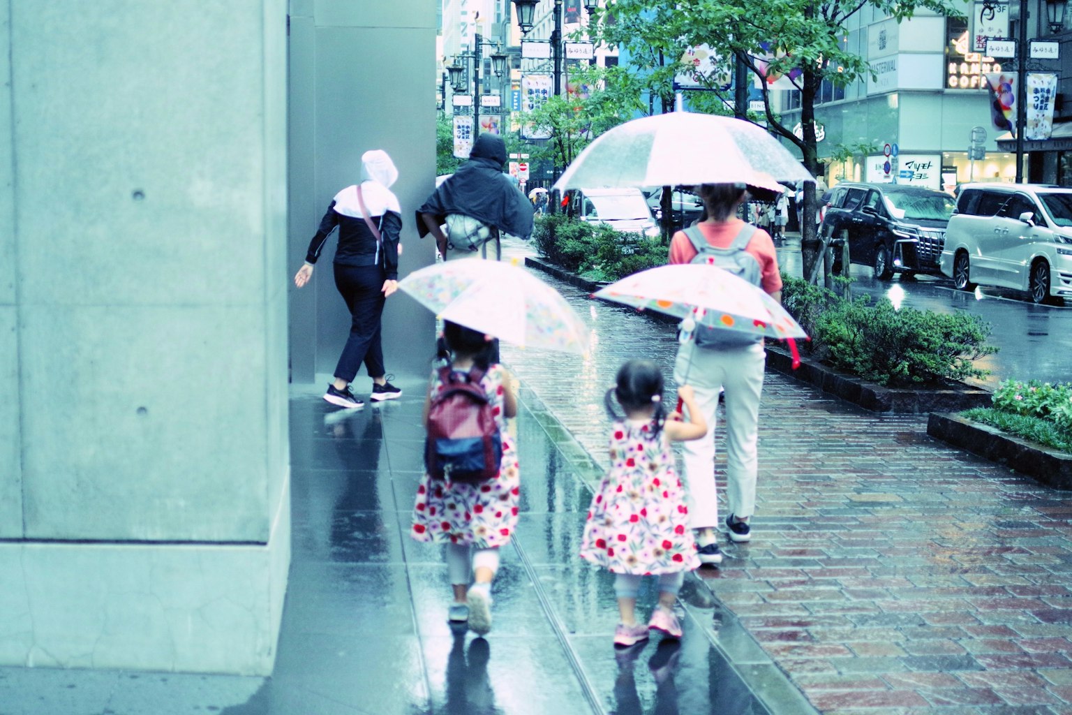 กลุ่มเด็กและผู้ใหญ่เดินอยู่ใต้ฝนพร้อมร่ม