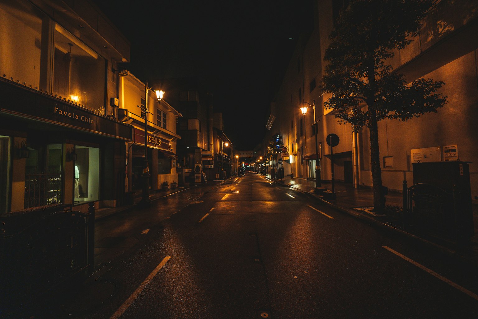 Rue calme la nuit bordée de bâtiments et de lampadaires