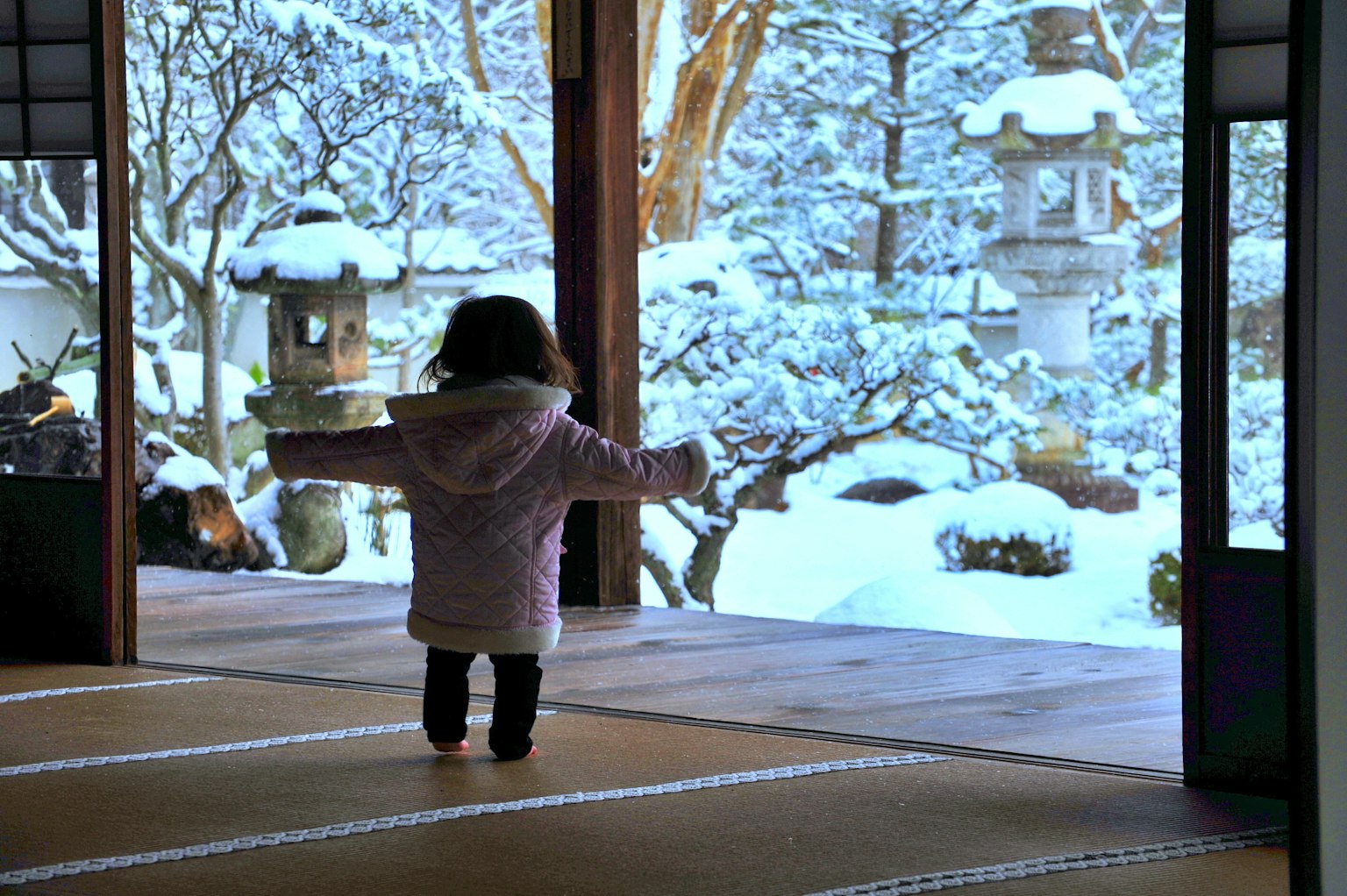 雪に覆われた庭を見つめる子供の後ろ姿