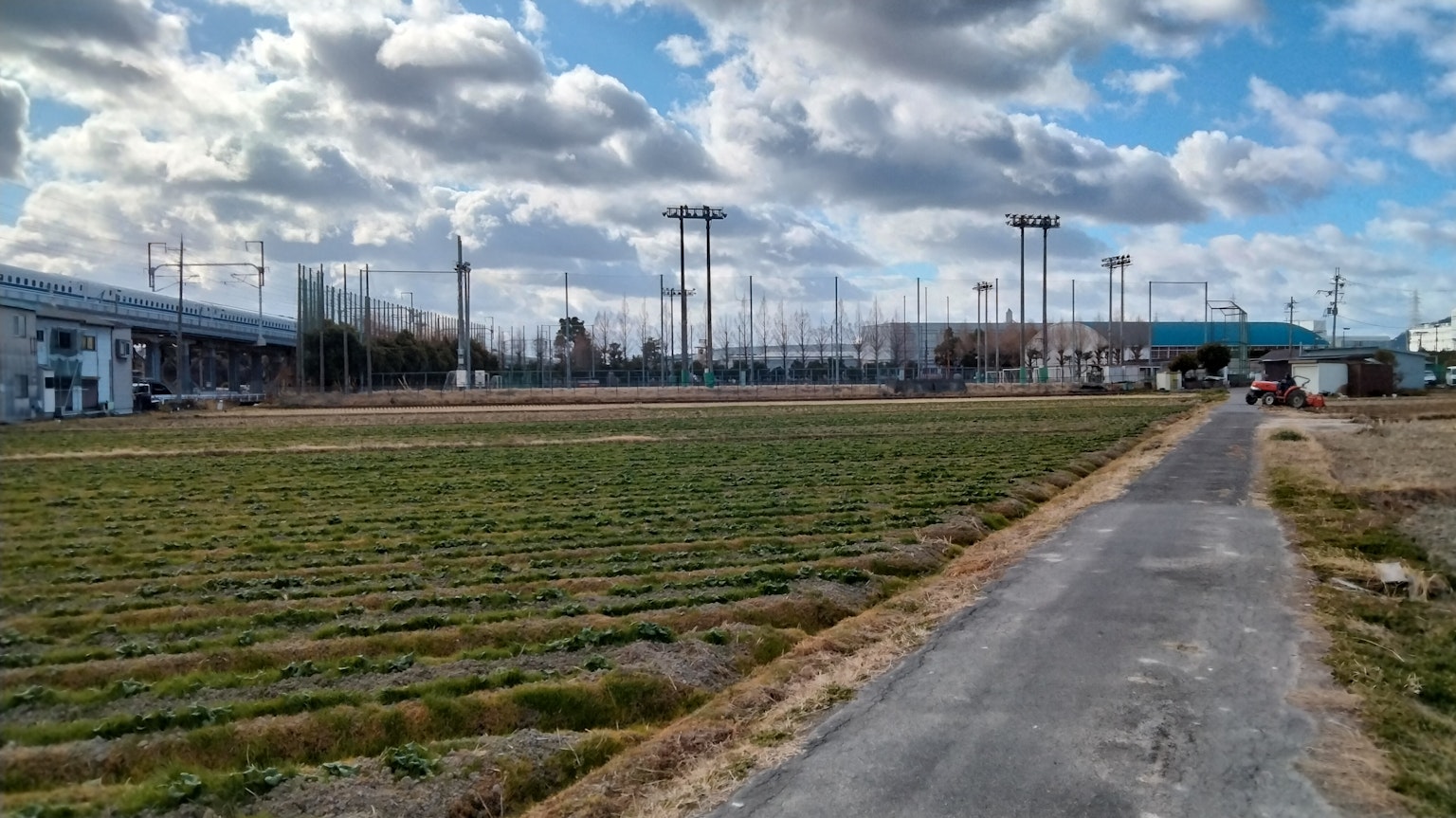 Ampia area erbosa sotto un cielo blu con un campo sportivo