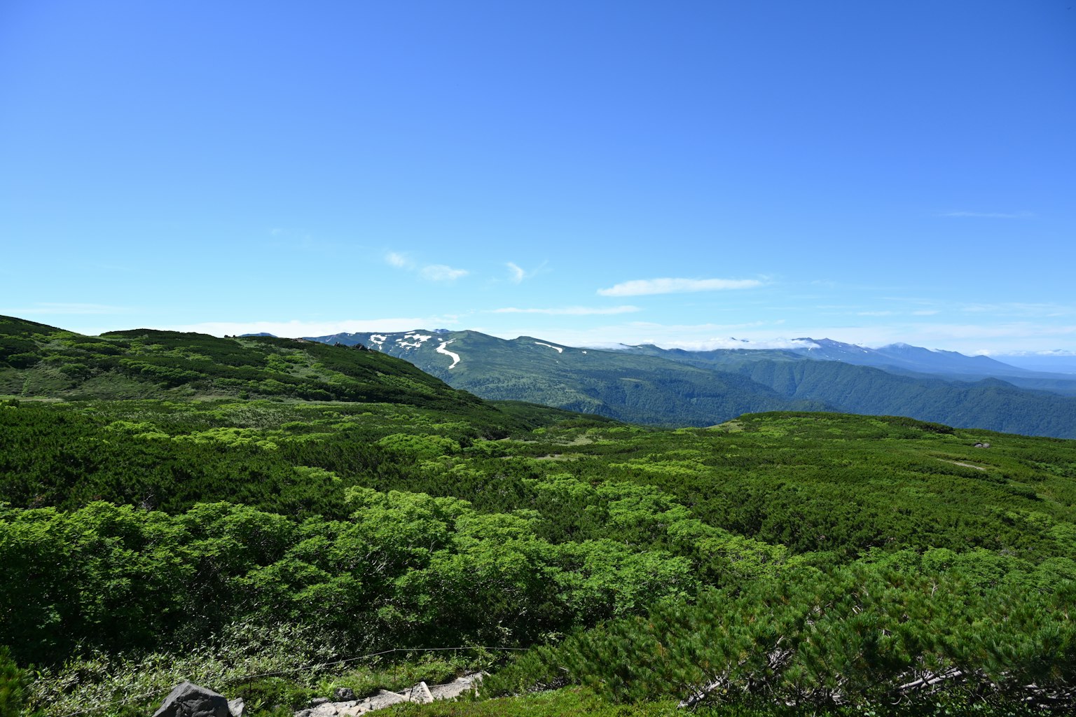 Scenic view of green hills under a clear blue sky