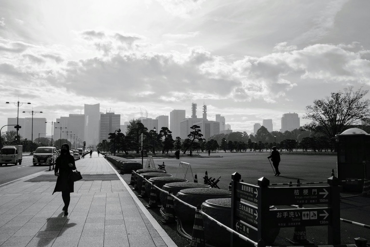 Escena urbana en blanco y negro con una mujer caminando por un camino y rascacielos al fondo