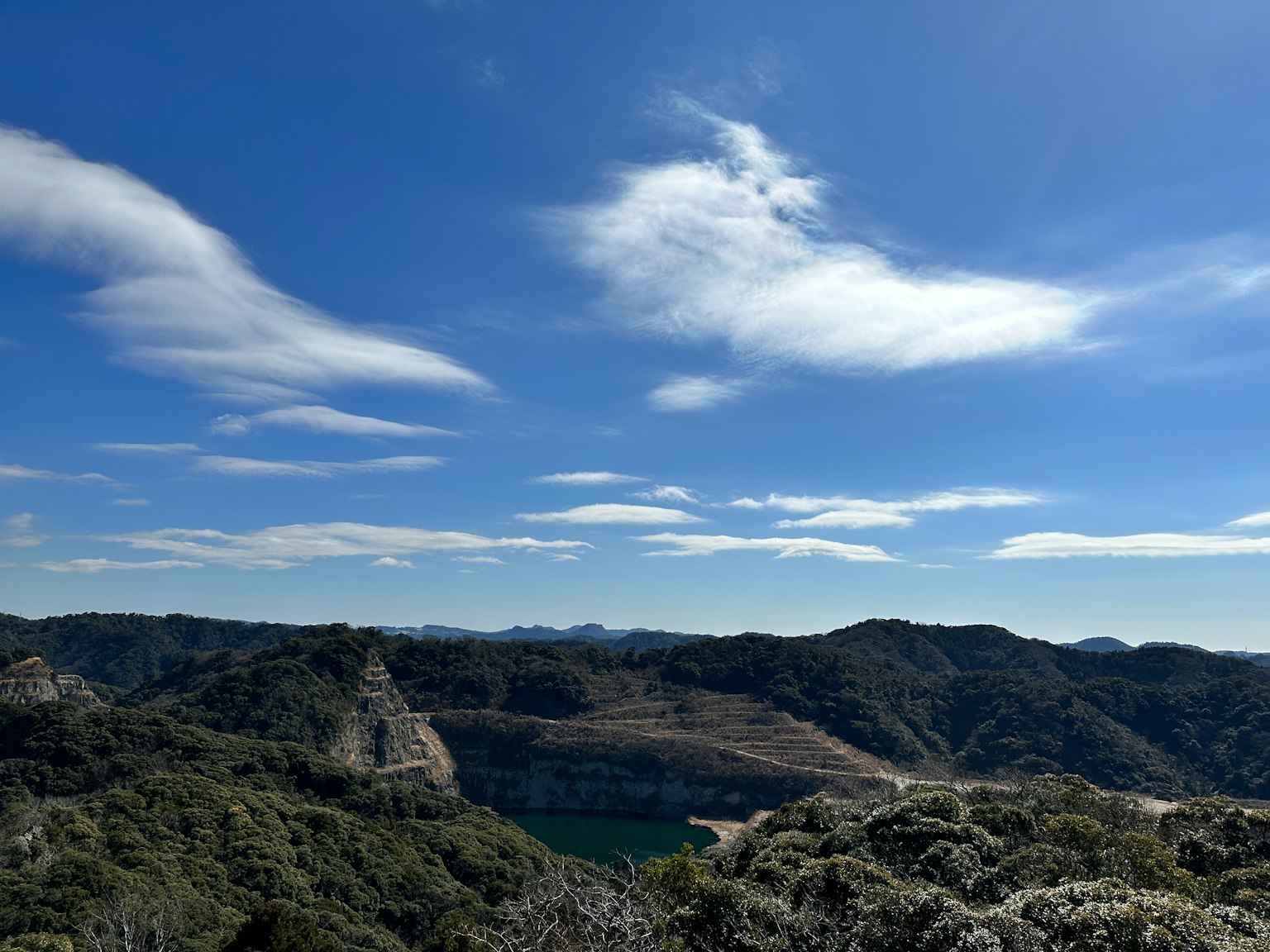 Vue panoramique de montagnes et d'un lac sous un ciel bleu avec des nuages blancs