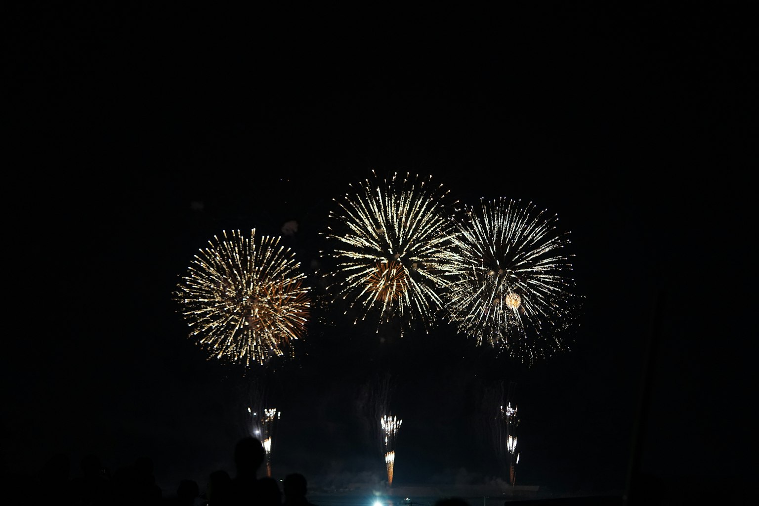 Un espectáculo de fuegos artificiales vibrante en el cielo nocturno con cuatro grandes fuegos artificiales estallando en diferentes colores