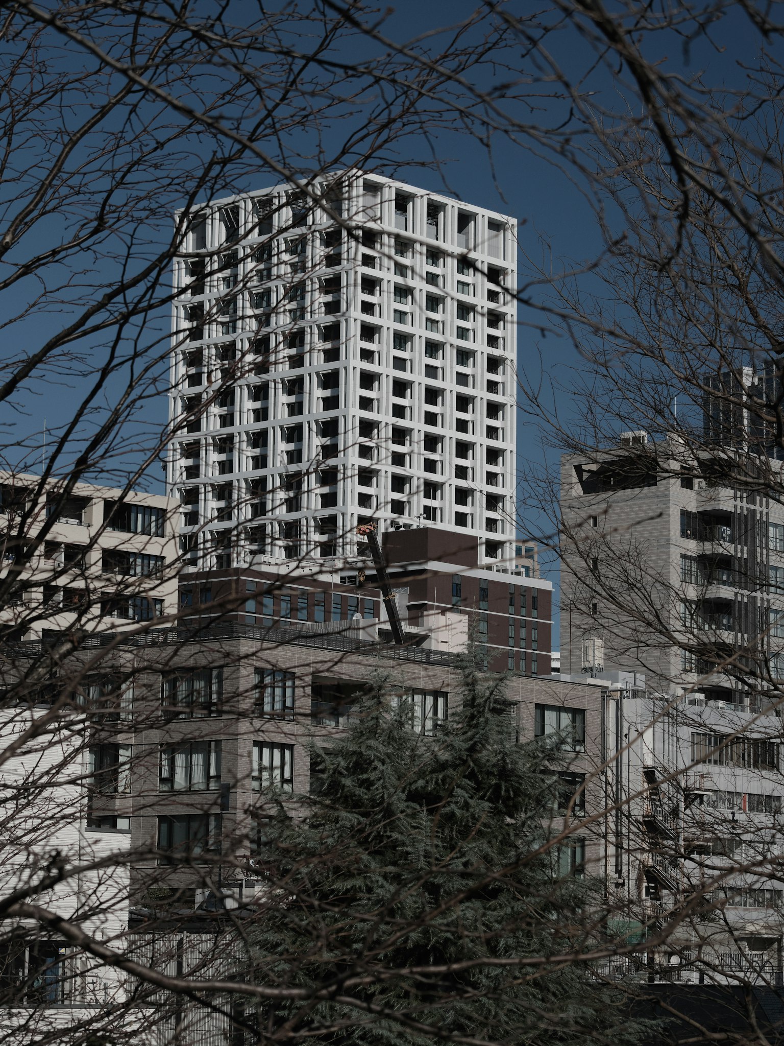Urban landscape featuring a high-rise building and surrounding structures