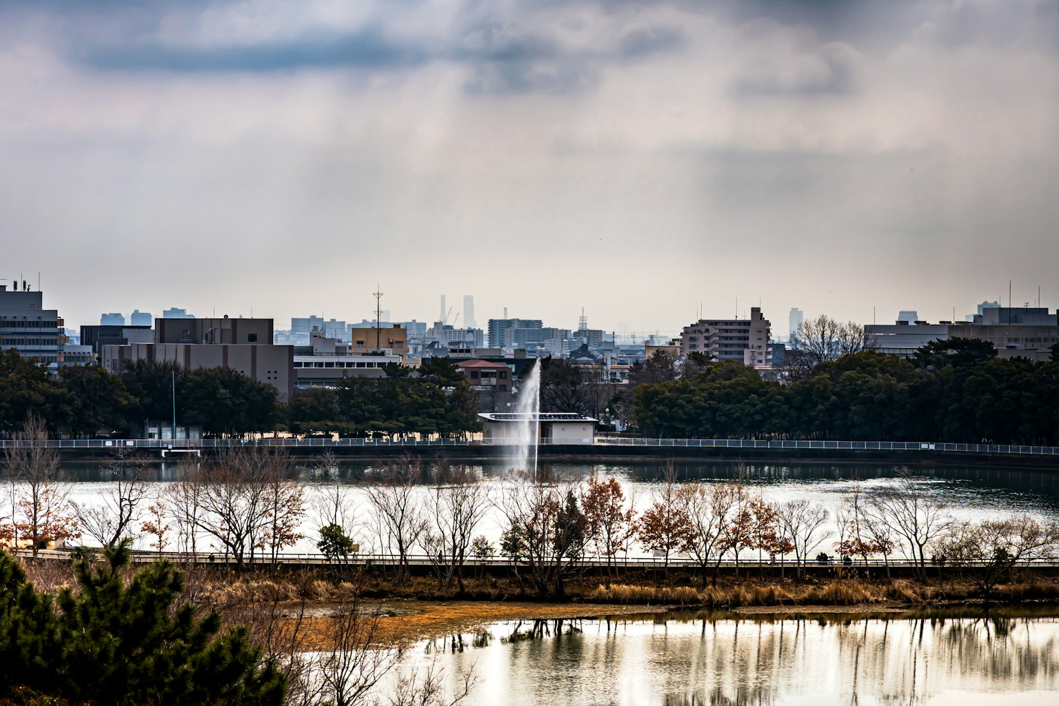 公园湖泊的风景，喷泉周围是城市建筑和阴天