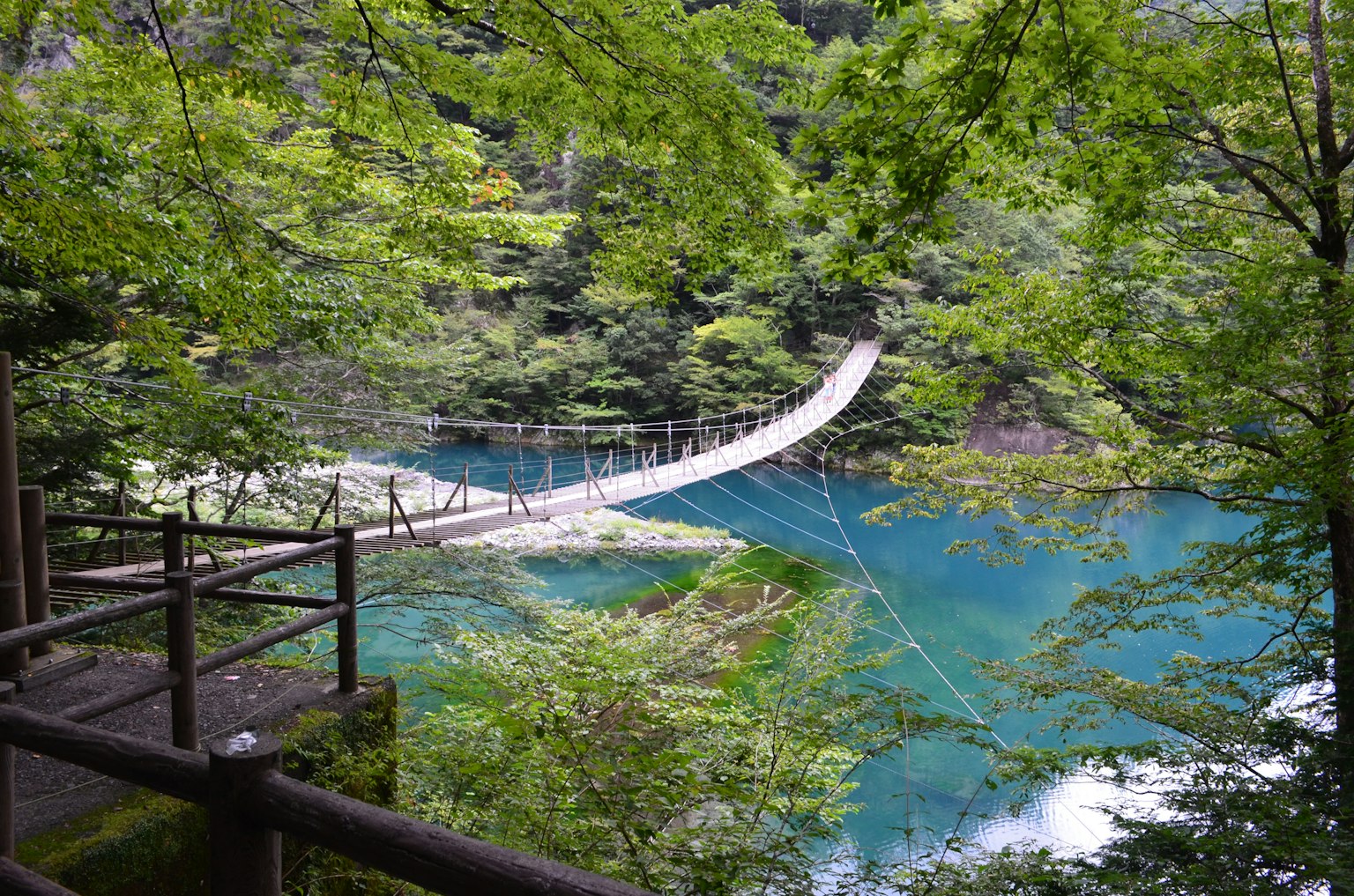 Hängende Brücke über blauem Wasser umgeben von grünen Bäumen