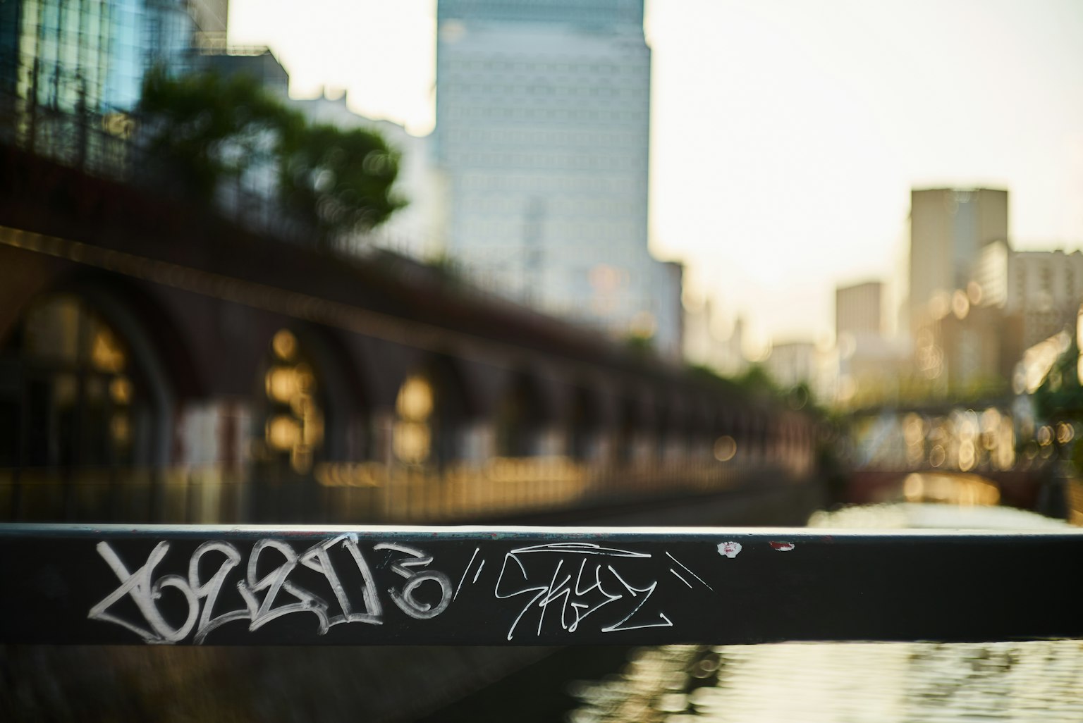 Grafiti en una barandilla cerca de un río con un horizonte urbano al fondo