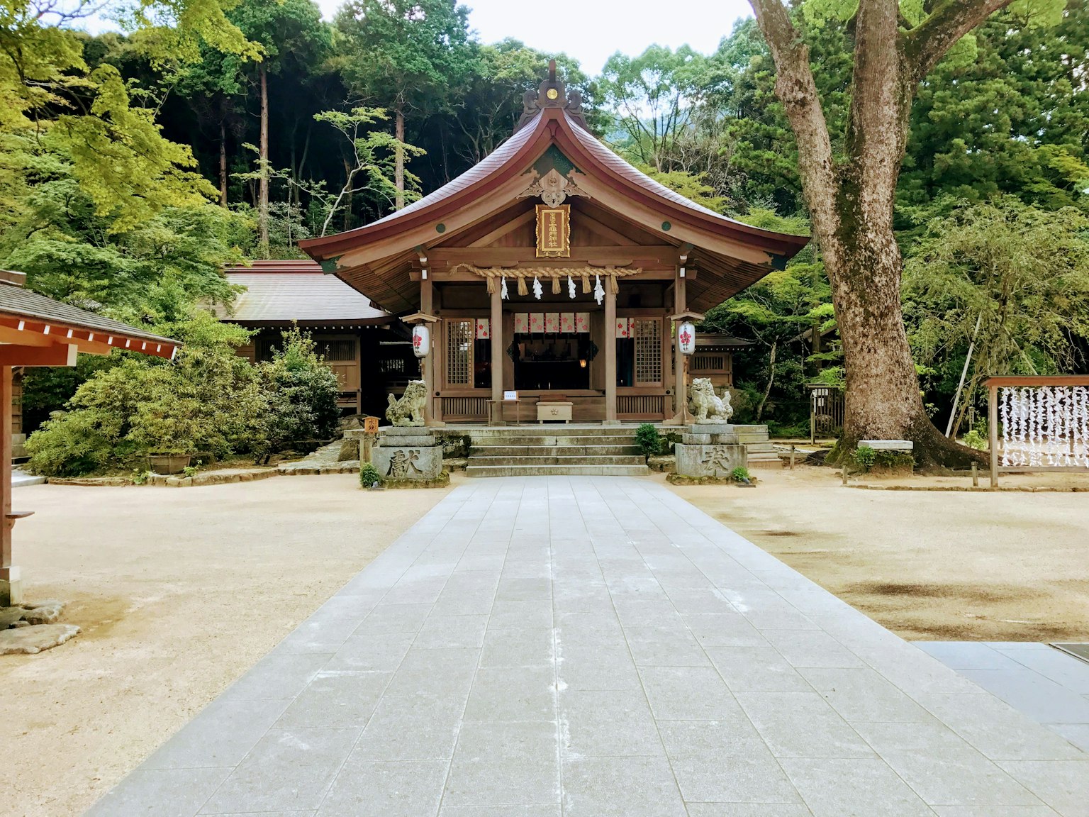 Stone path leading to a shrine surrounded by greenery and traditional architecture