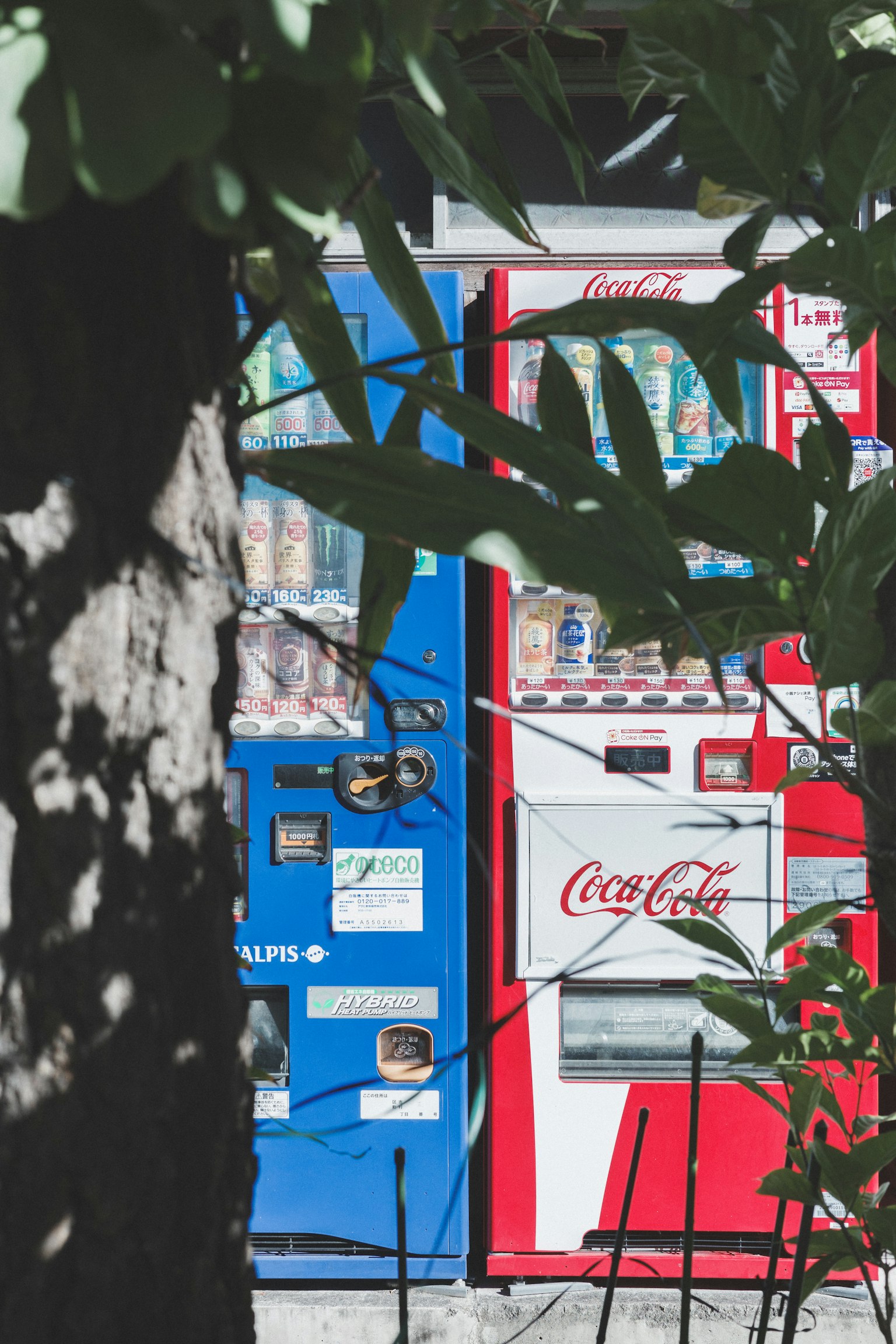 Blauer Verkaufsautomat und roter Coca-Cola Verkaufsautomat nebeneinander