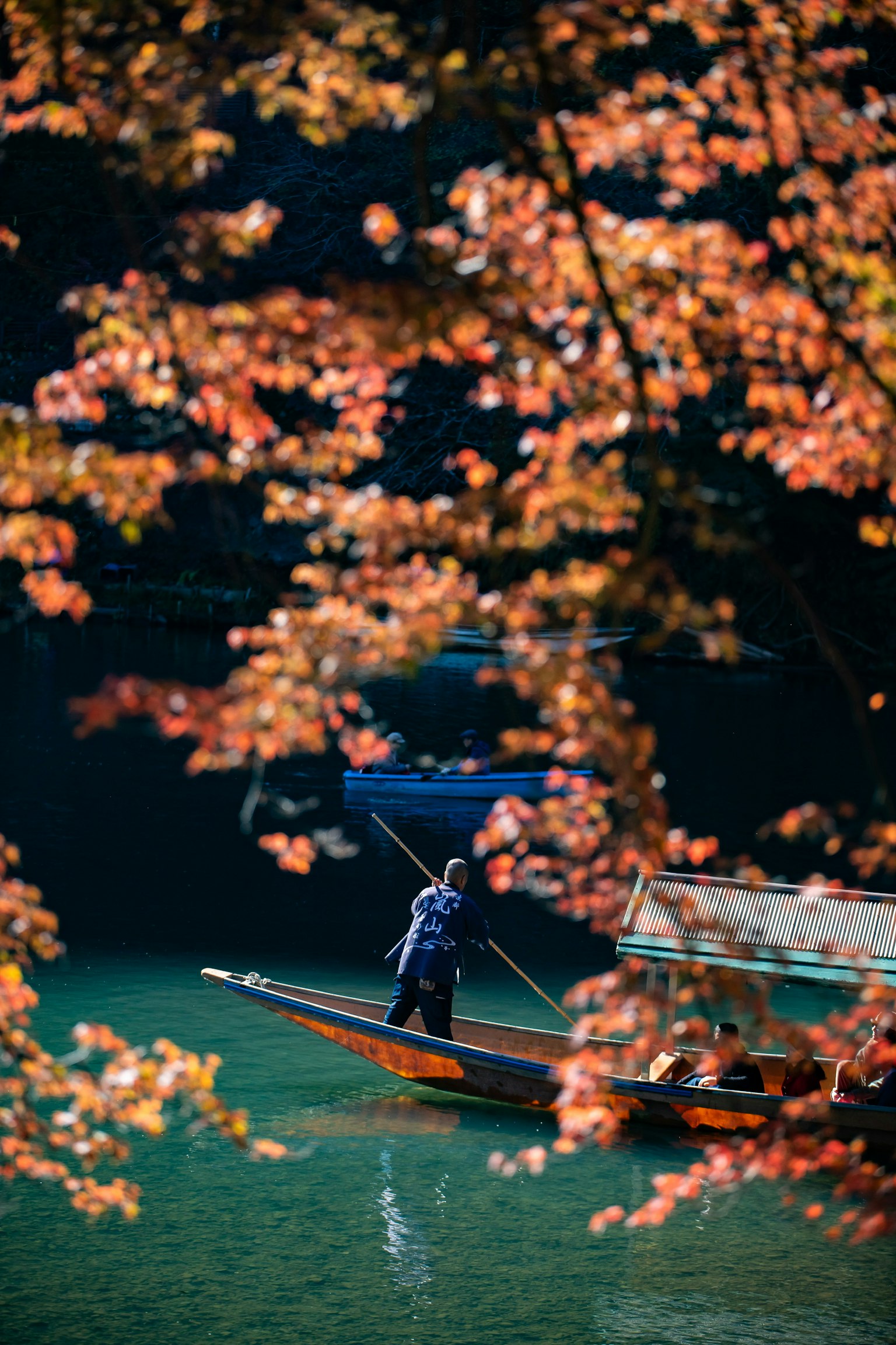 Person, die ein Boot zwischen herbstlichem Laub rudert