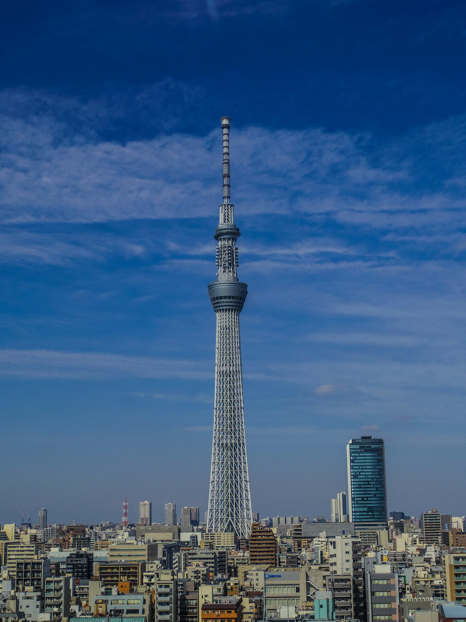 Tokyo Skytree che svetta sul paesaggio urbano sotto un cielo blu