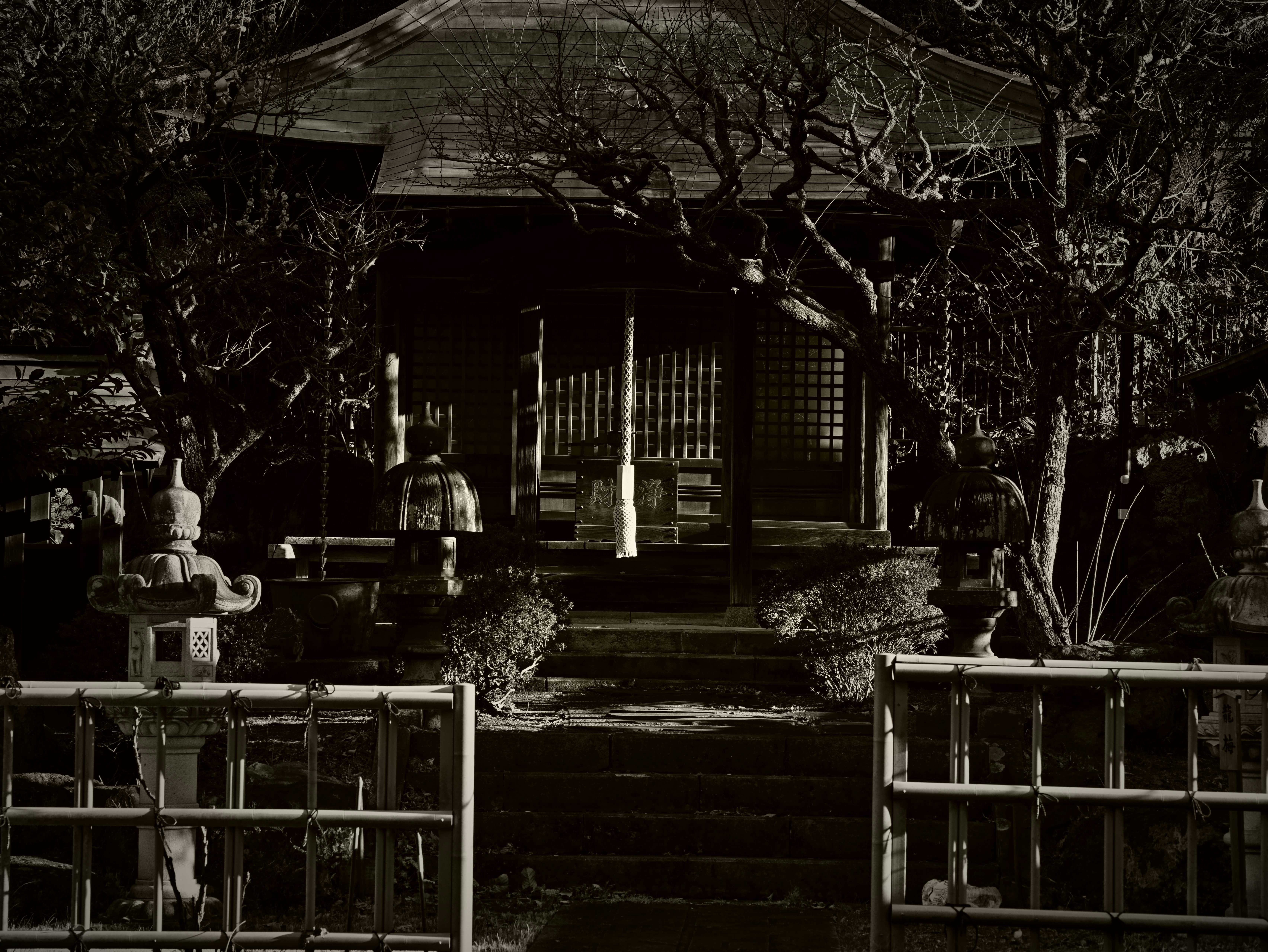 Japanese garden at night with stone lanterns and trees