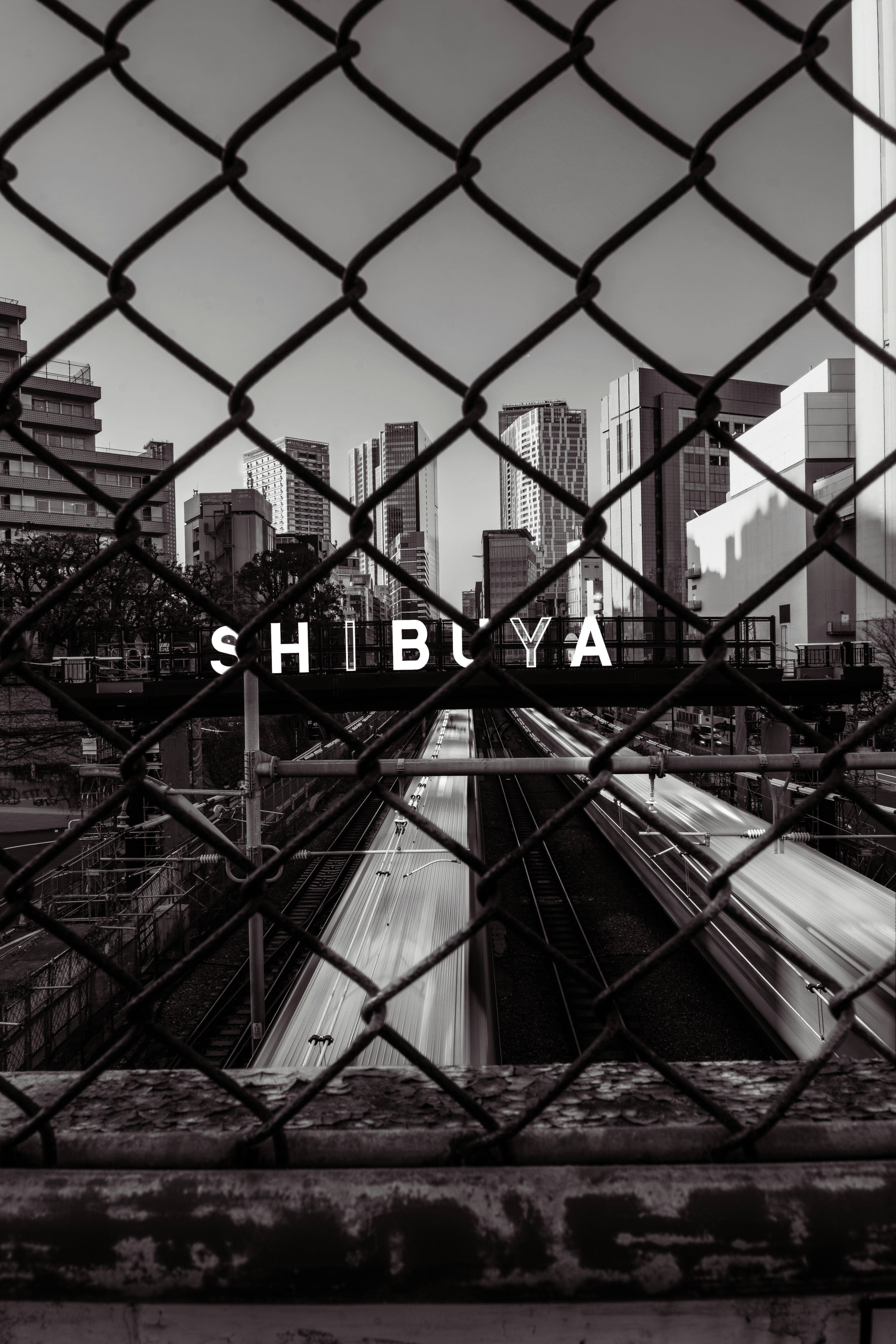 Photo en noir et blanc du paysage urbain de Shibuya avec des voies ferrées et des gratte-ciel