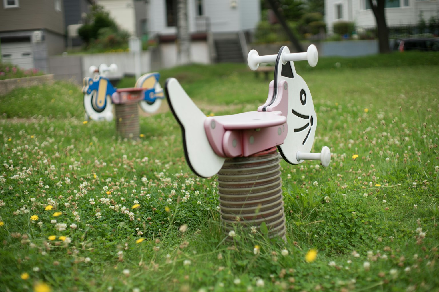 Ein fischförmiges Wippgerät auf dem Rasen im Spielplatz