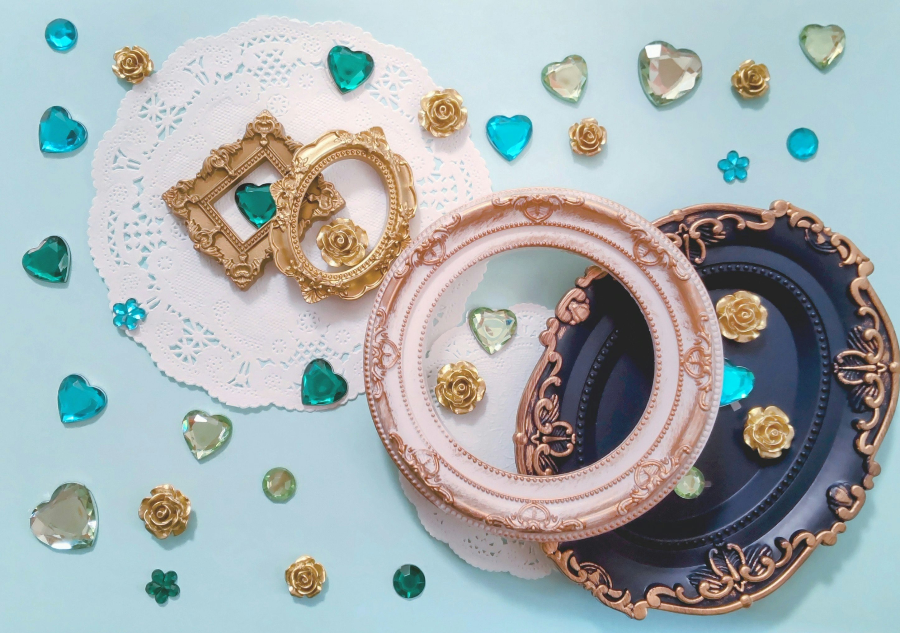 Valentine-themed decorations with hearts and ornate picture frames