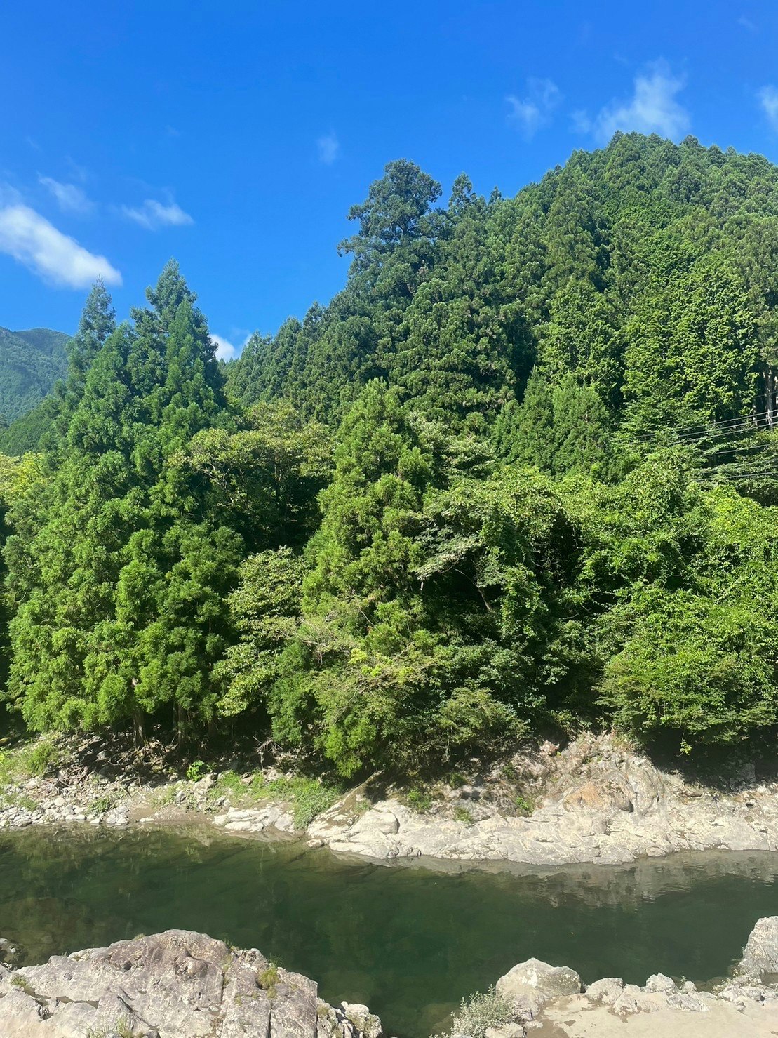 青空の下、緑の山と川の流れが見える渓谷の風景