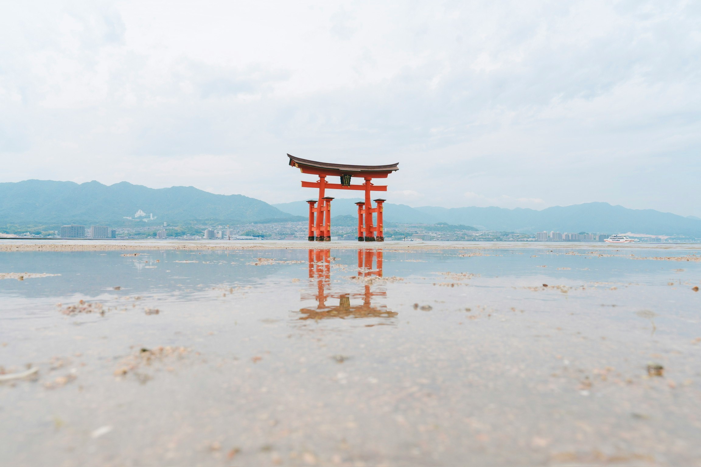 Portail torii vermillon dans une zone de vasières avec des montagnes au loin