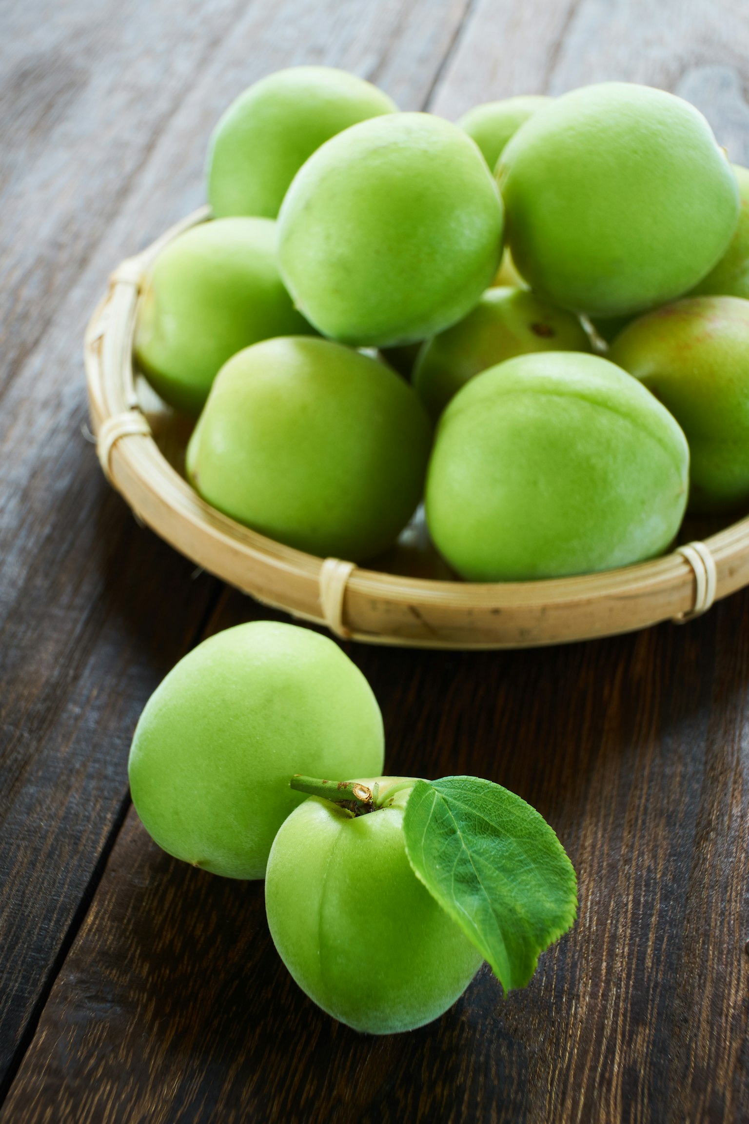 Image of green fruits in a bamboo basket