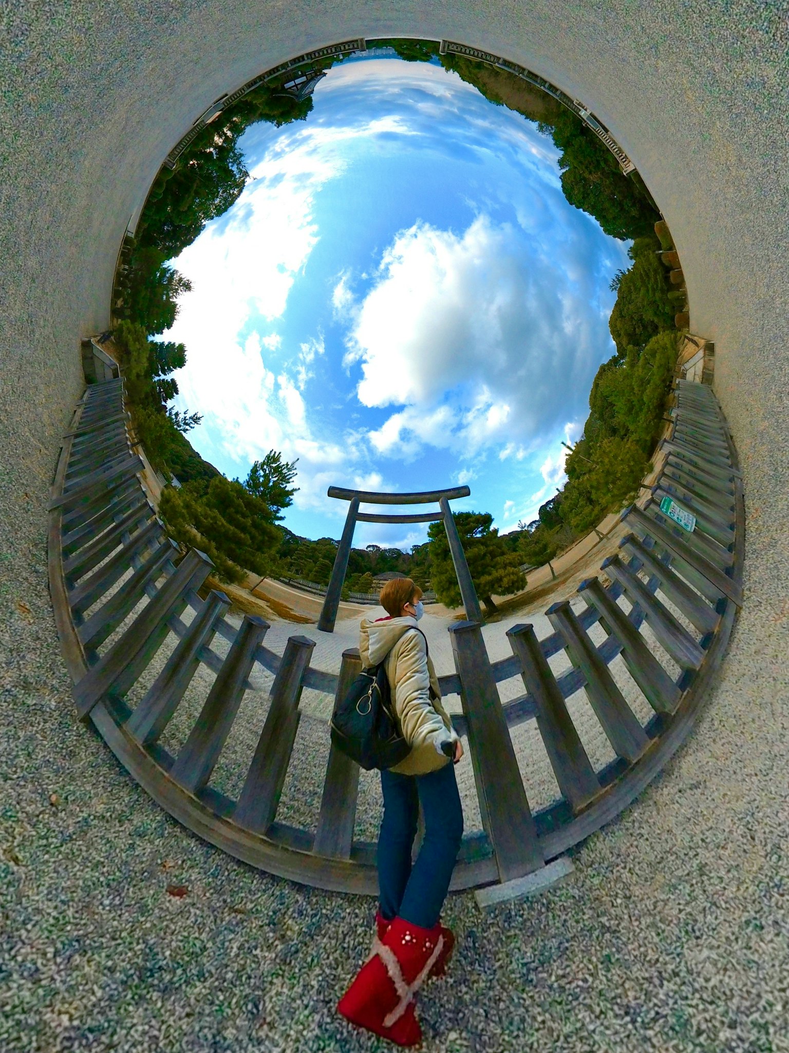 Una mujer de pie frente a un torii en un paisaje panorámico