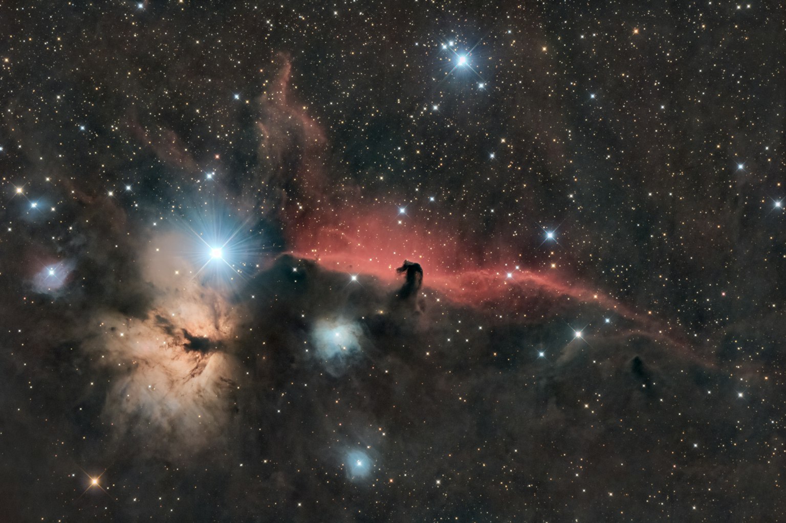 눈부신 별과 어두운 말머리 모양의 구름이 있는 성운의 이미지