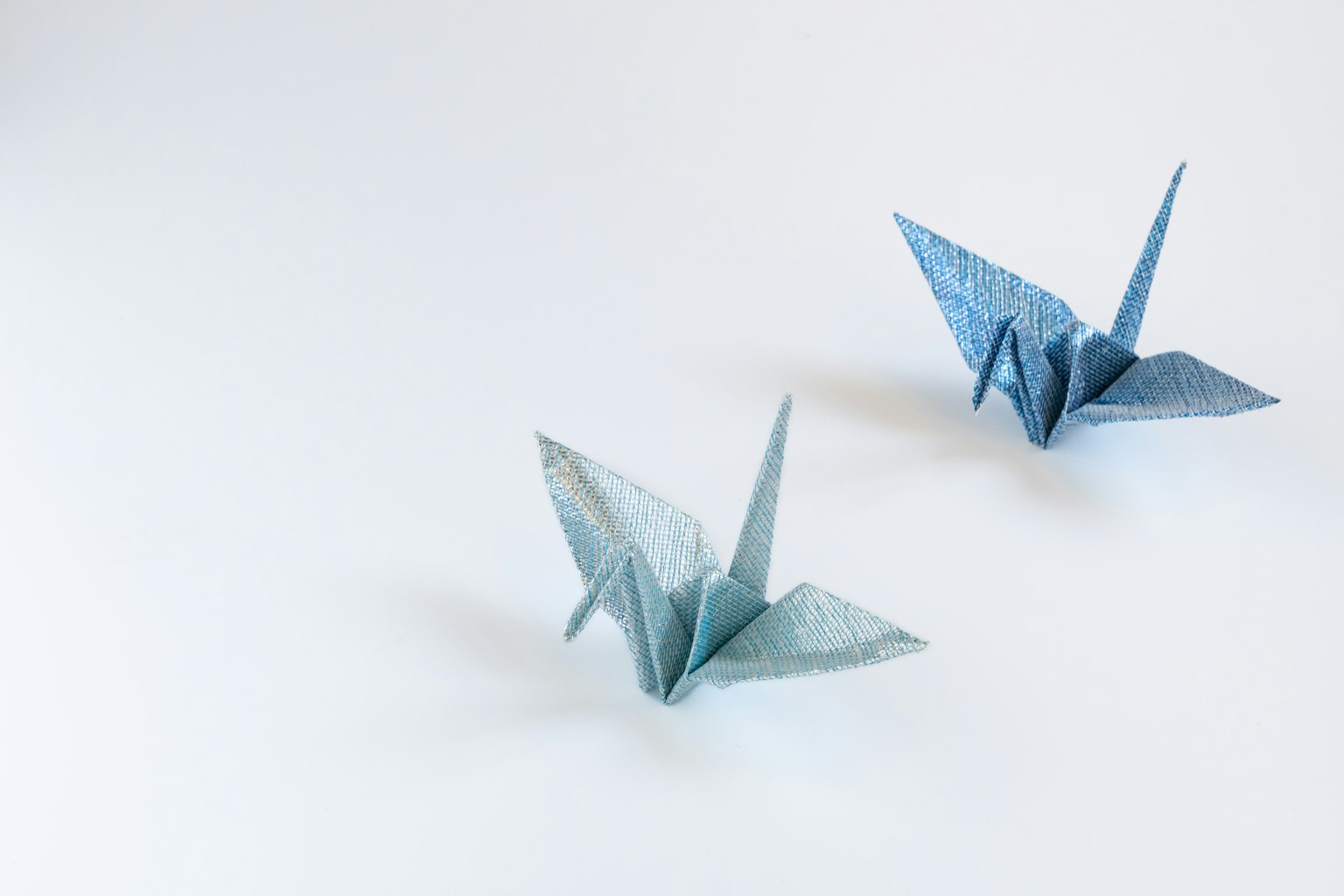 นกกระเรียน origami สีน้ำเงินสองตัวบนพื้นหลังสีขาวเรียบง่าย