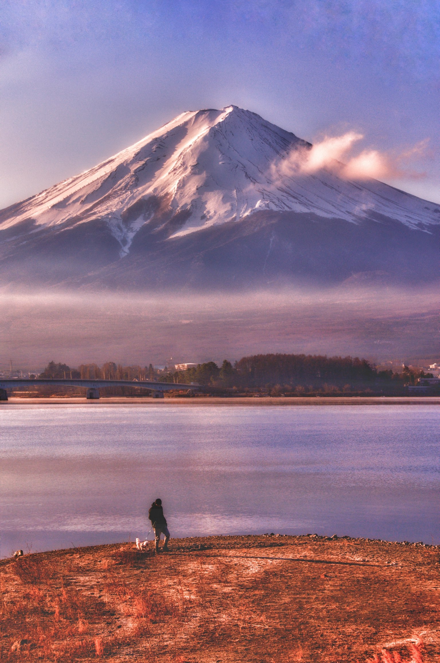 Une vue pittoresque du mont Fuji avec une personne pêchant au bord du lac