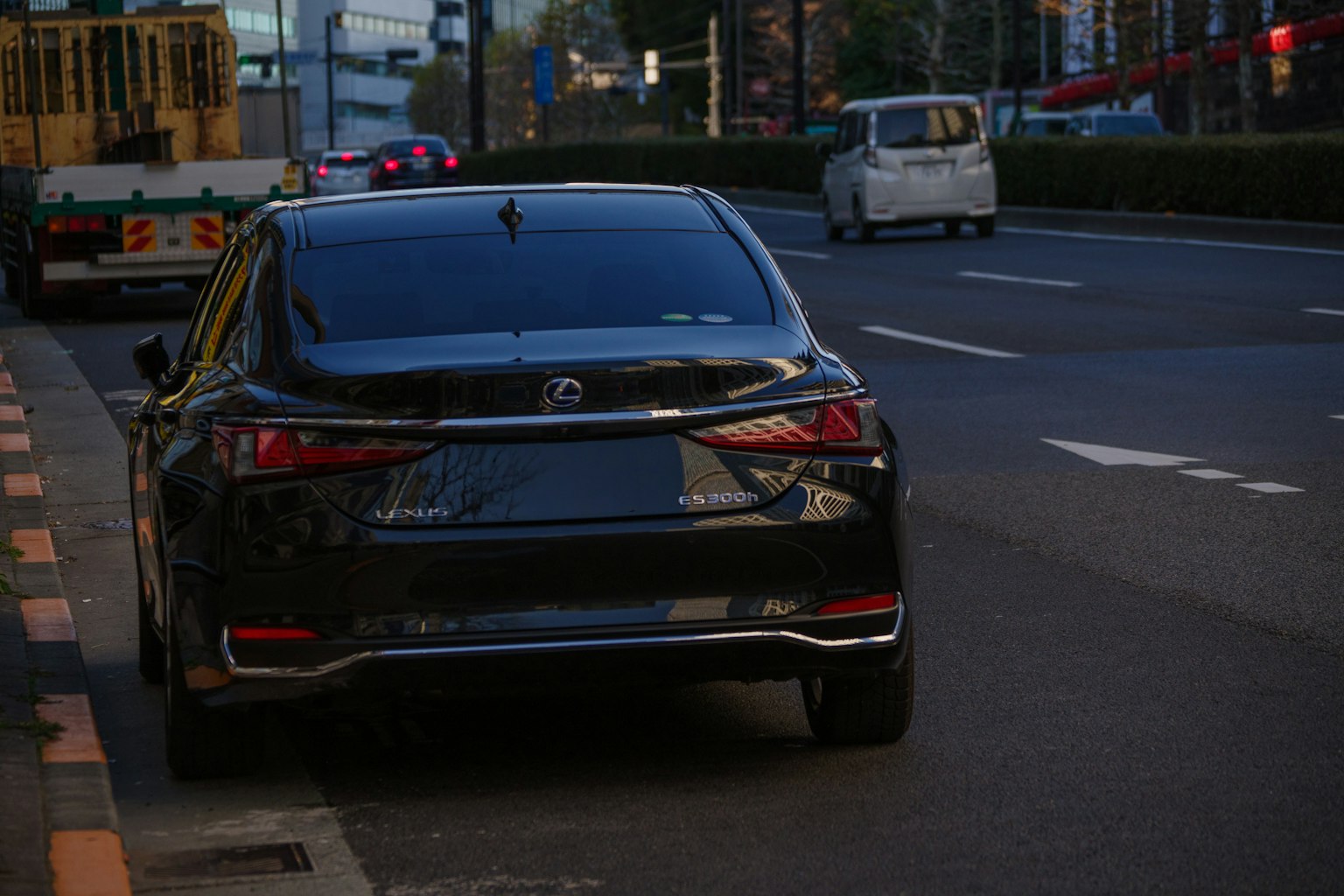 Ein schwarzes Auto, das am Straßenrand parkt, mit einer Stadtlandschaft im Hintergrund