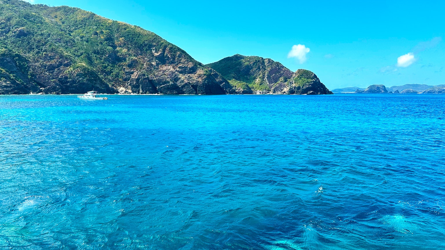 蓝色海洋和绿色山丘的风景