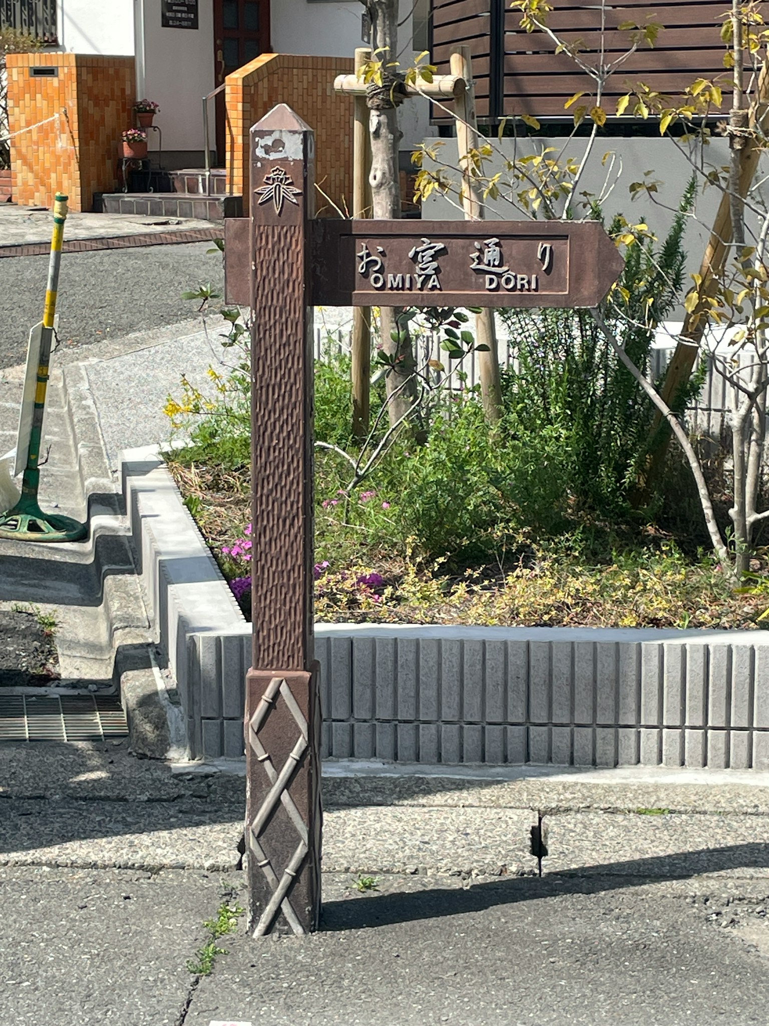 Wooden street sign with greenery surrounding it